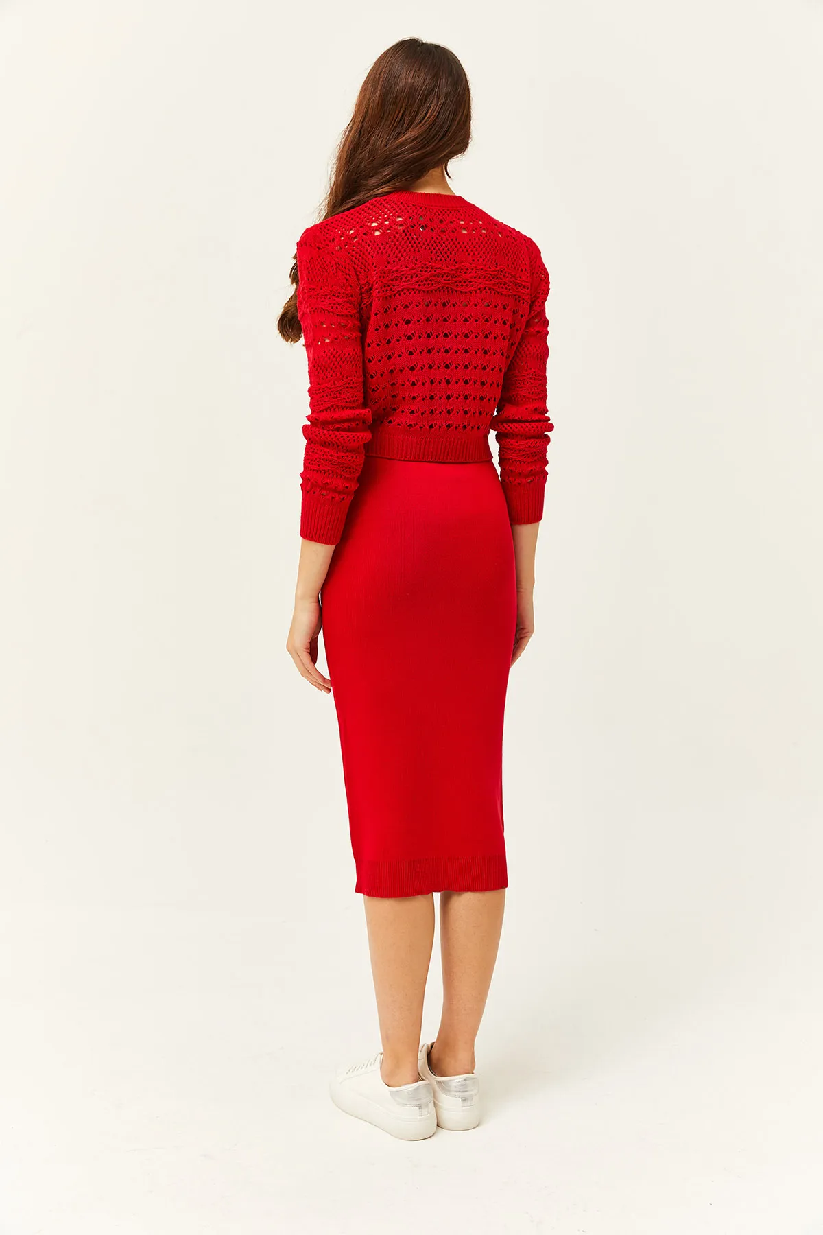 Olalook  Rotes Strickkleid mit dünnen Trägern für Damen, durchbrochener Pulloveranzug TKM-19000241