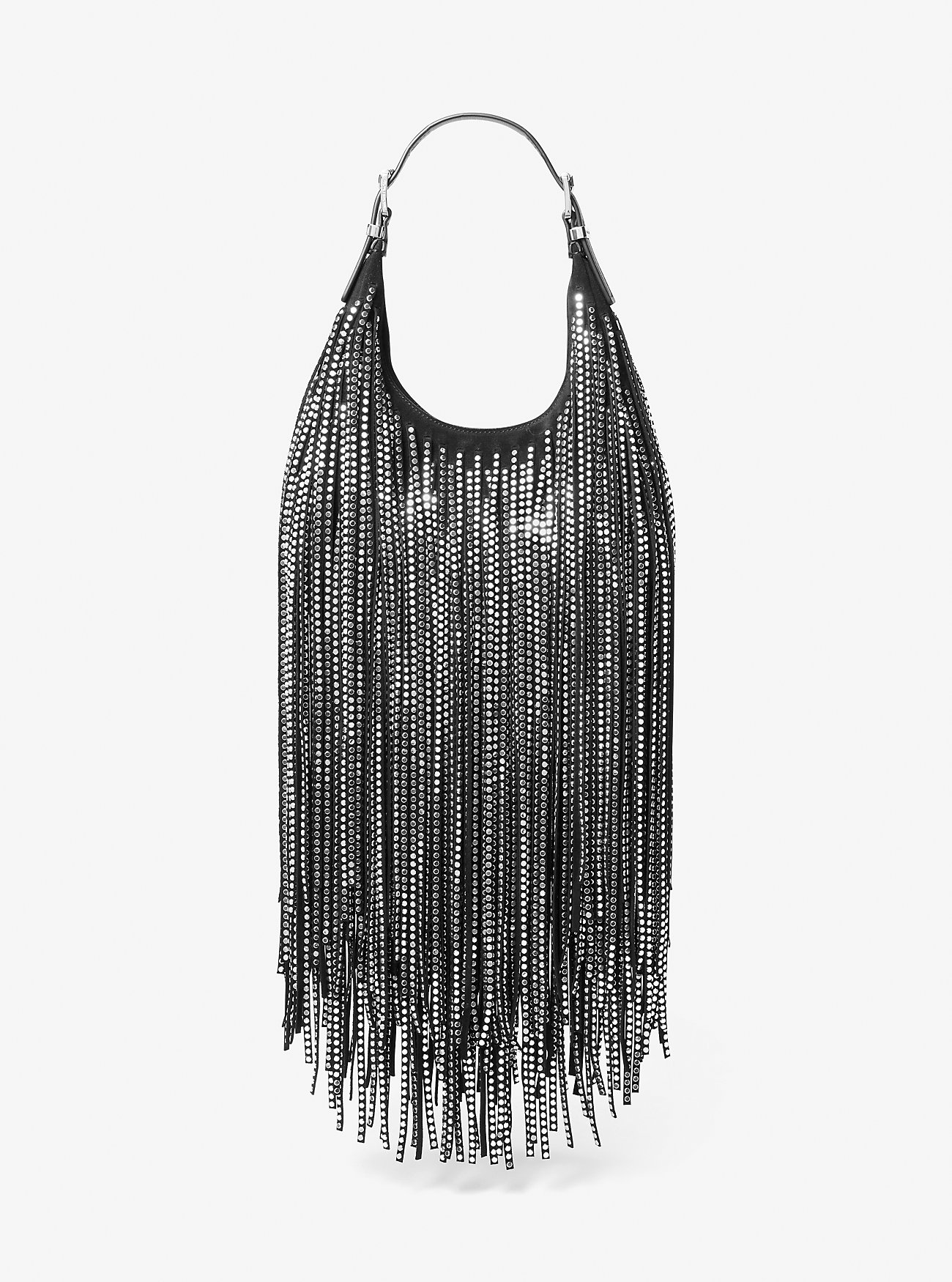 Limited-Edition Nolita Small Studded Fringe Suede Hobo Shoulder Bag - BLACK
