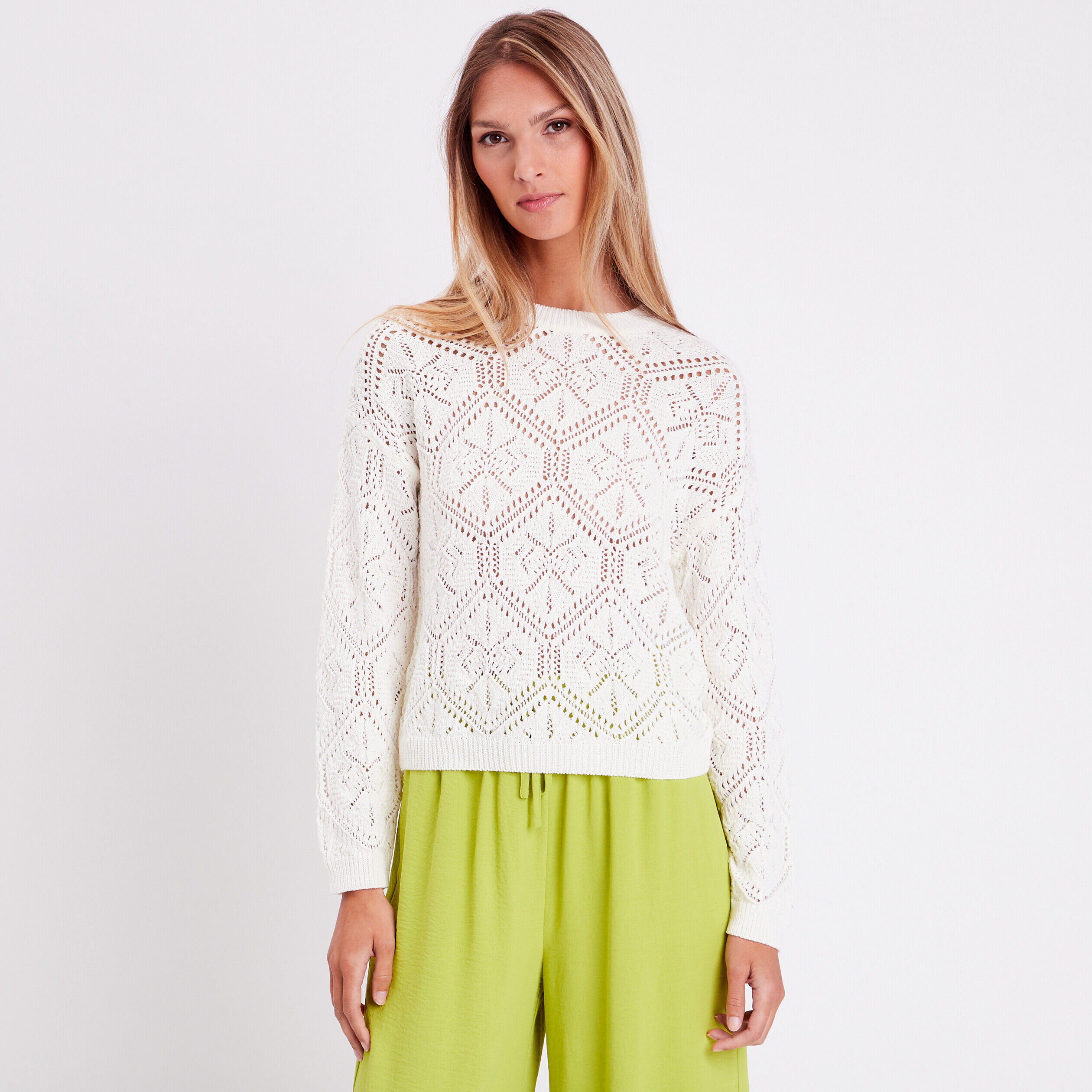 Pull ajouré col rond ecru femme | Cache Cache