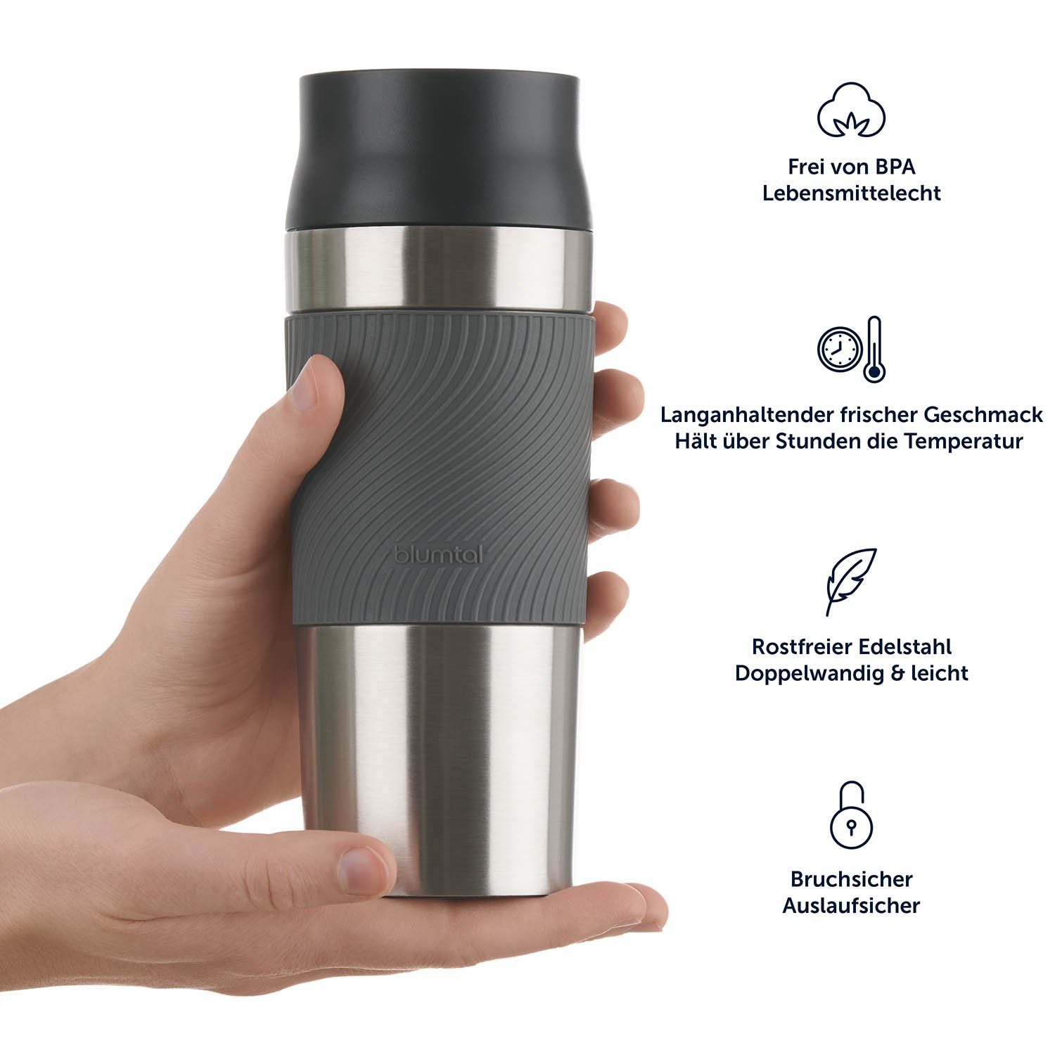 Blumtal Isolierflasche Thermobecher Classic aus Edelstahl - auslaufsicher Kaffeebecher to go, hält 4h heiß/ 8h kalt, 360° Trinköffnung, Easy Quick-Press-Verschluss