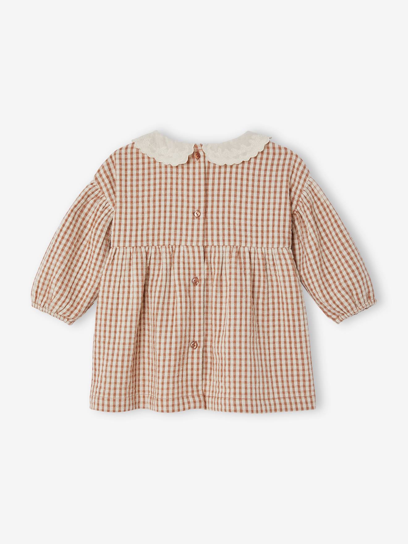 Robe vichy bébé col brodé carreaux marron