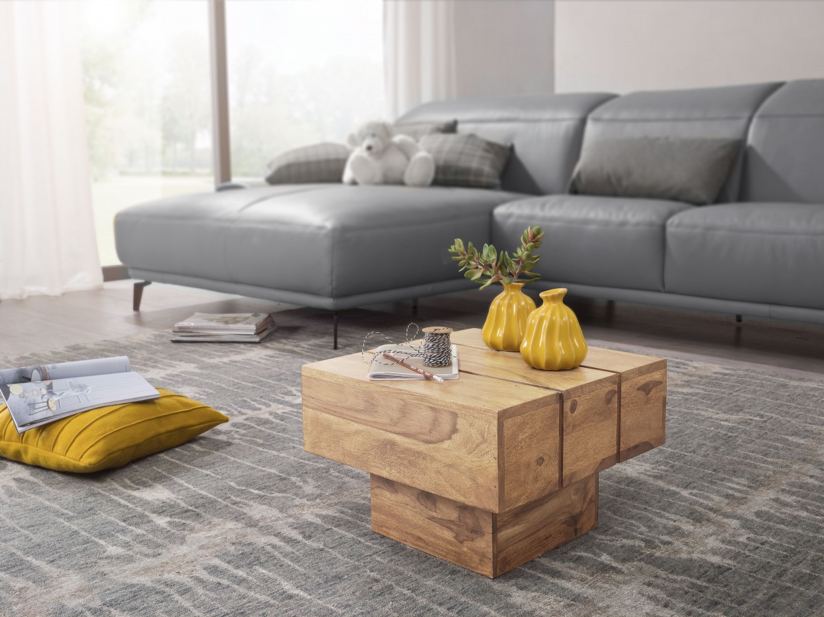 Wohnling Beistelltisch Massivholz Akazie Wohnzimmertisch 44 x 44 x 30 cm Couchtisch Massiv Landhaus Cube quadratisch