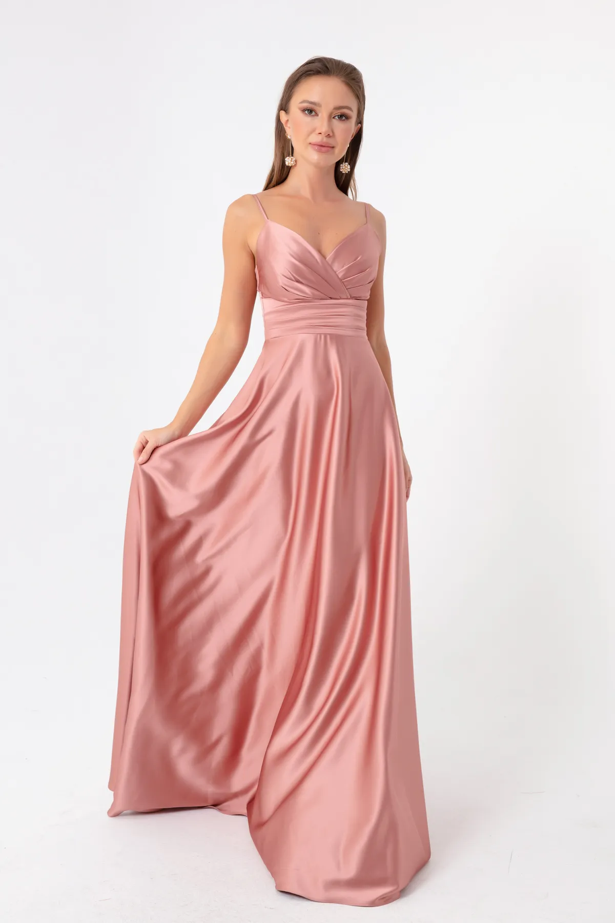 Lafaba  Langes Abendkleid und Abschlusskleid aus Satin für Damen in Lachsfarben mit Riemen an der Taille und Gürtel
