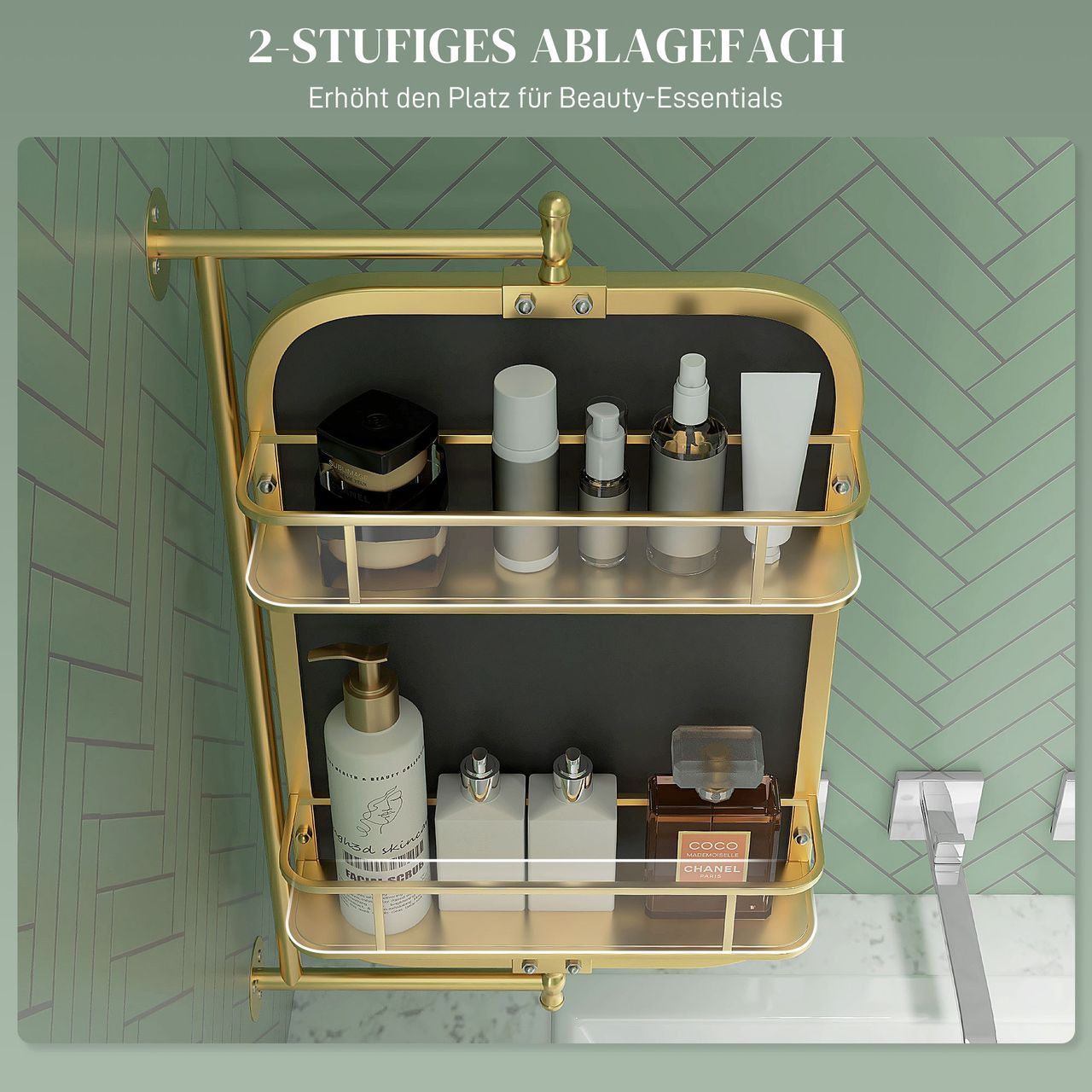 HOMCOM Badezimmerspiegel, 40 x 66 cm schwenkbar Wandspiegel, Metallrahmen, Gold