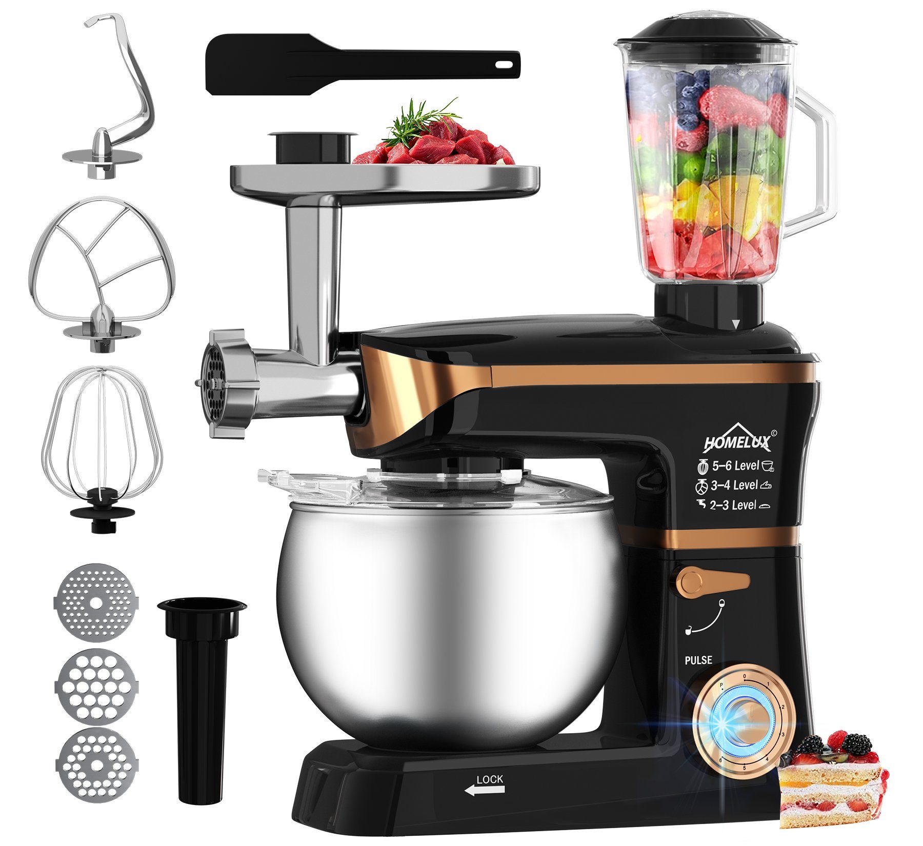 HOMELUX Küchenmaschine 3in1 Multifunktions Standmixer, 6 Geschwindigkeiten Knetmaschine, 1000,00 W, 6,00 l Schüssel, Fleischwolf, Rührmaschine