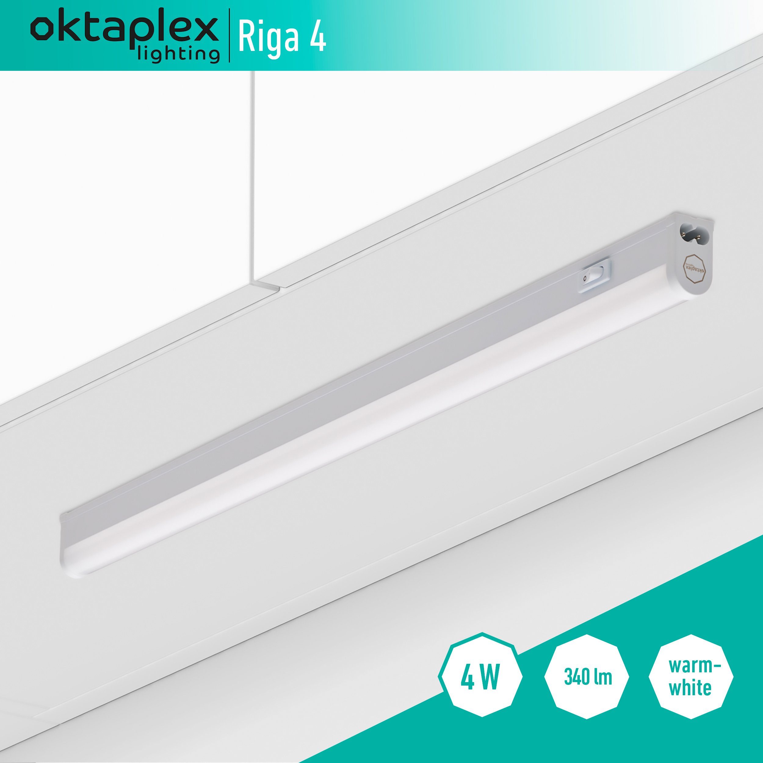 Oktaplex lighting LED Unterbauleuchte Riga 4W 28cm 230V, Ein-/Ausschalter, LED fest verbaut, Warmweiß, 3000K Lichtleiste Küche Unterschrankleuchte