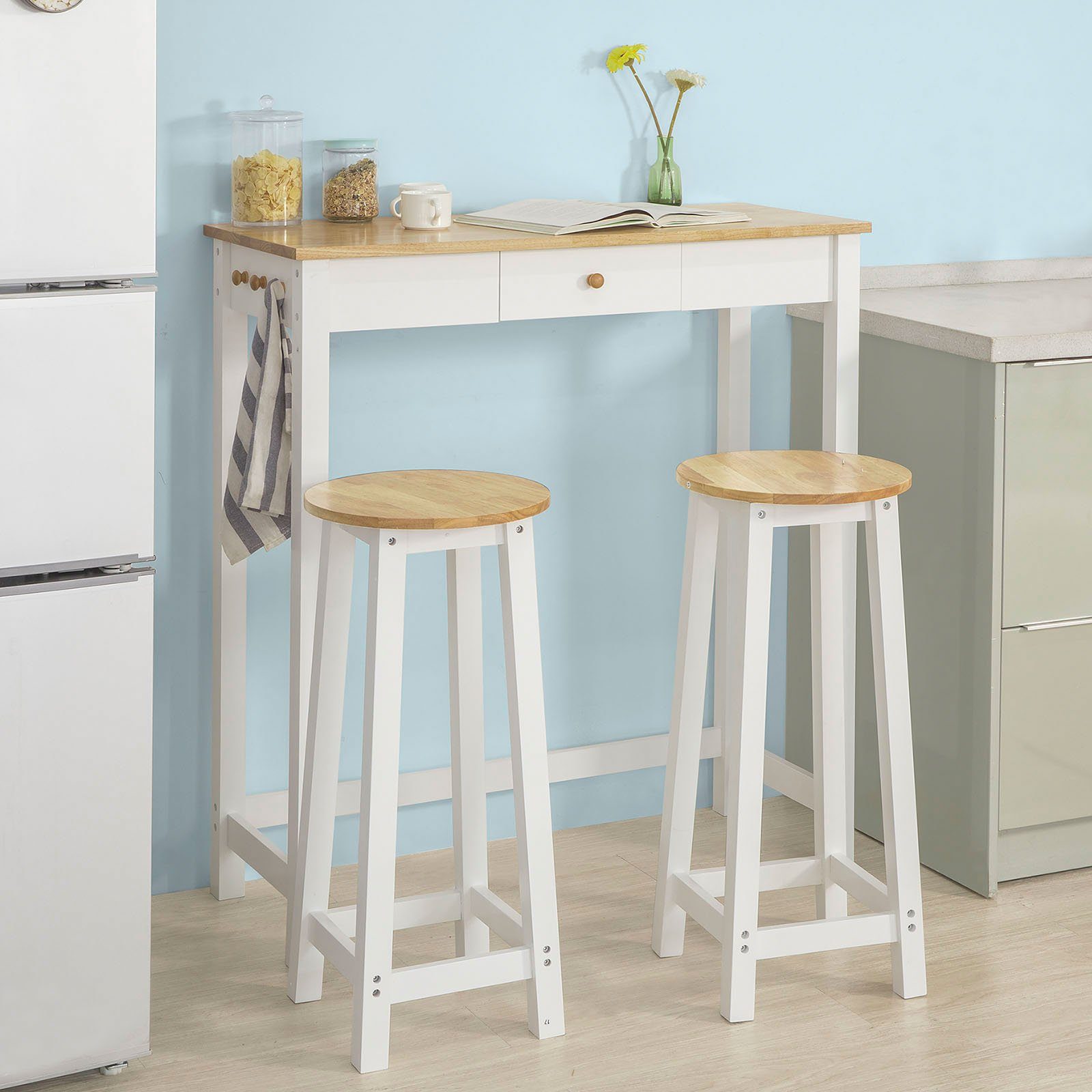 SoBuy Bartisch FWT50, 3-teilig Stehtisch mit 3 Haken Bistrotisch mit 2 Hockern
