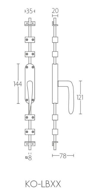 Formani 2003K083IMXX1 BASICS KO-LB20 solid crank espagnolette including four guides, two end pieces and two rods PVD matte gold right-handed