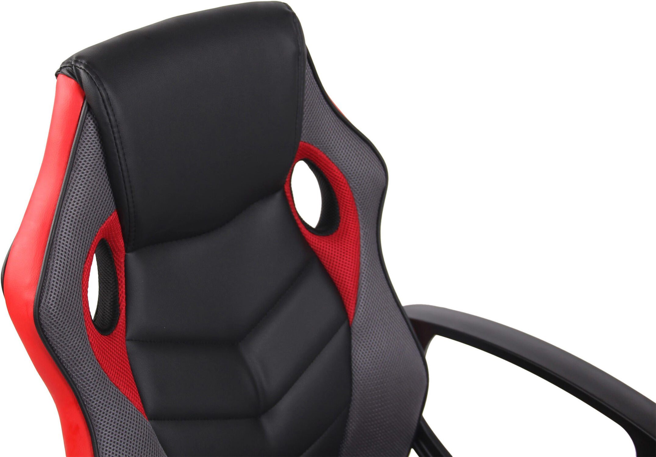 TPFLiving Gaming-Stuhl Glan mit bequemer Rückenlehne - höhenverstellbar und 360° drehbar (Schreibtischstuhl, Drehstuhl, Chefsessel, Konferenzstuhl), Gestell: Kunststoff schwarz - Sitz: Kunstleder, Netzbezug schwarz/rot