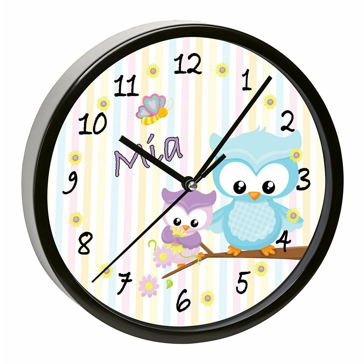 Kinder Wanduhr personalisiert mit Name Eule Frühling