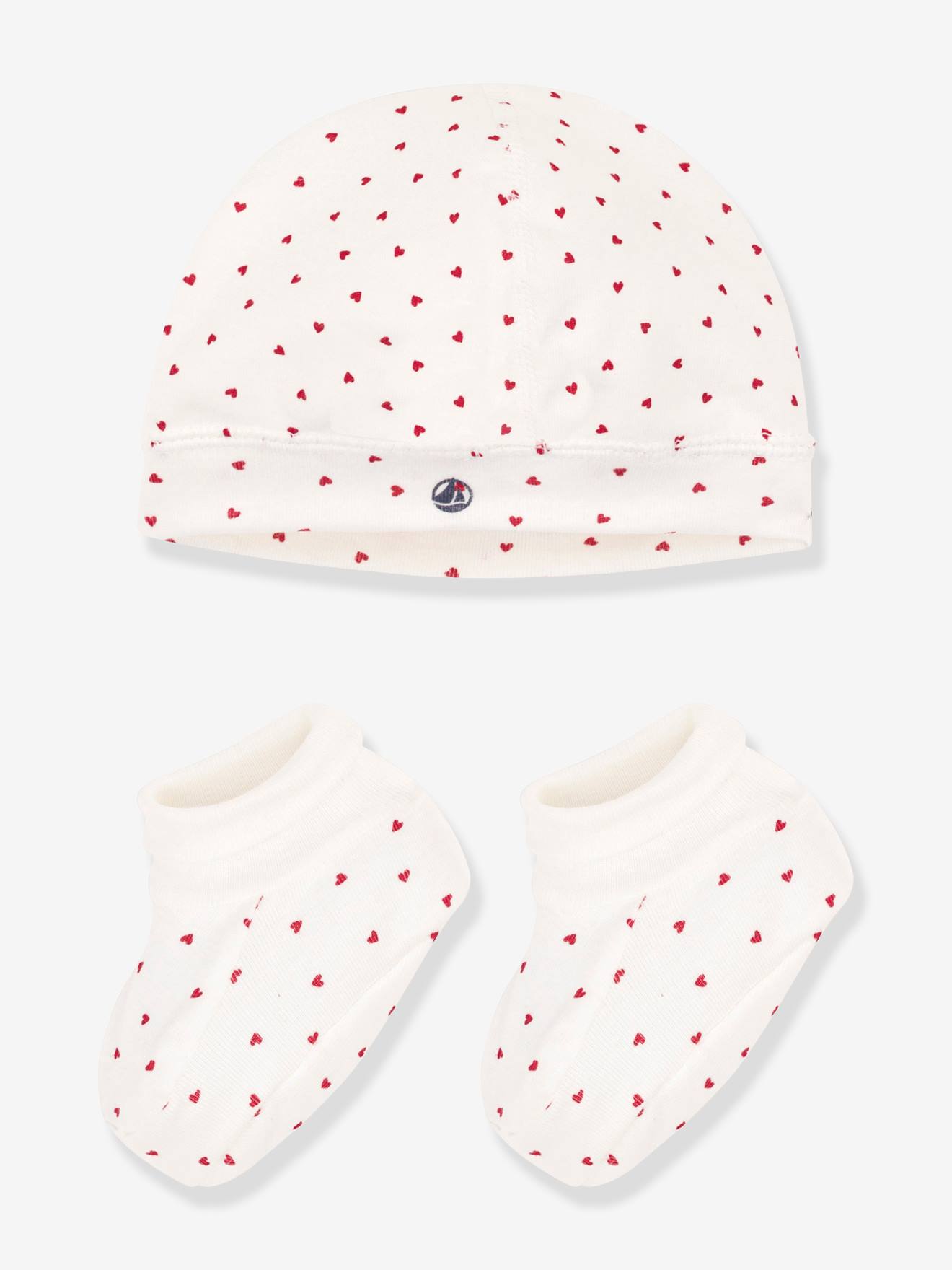 Lot de bonnet et chaussons coeur bébé PETIT BATEAU blanc imprimé
