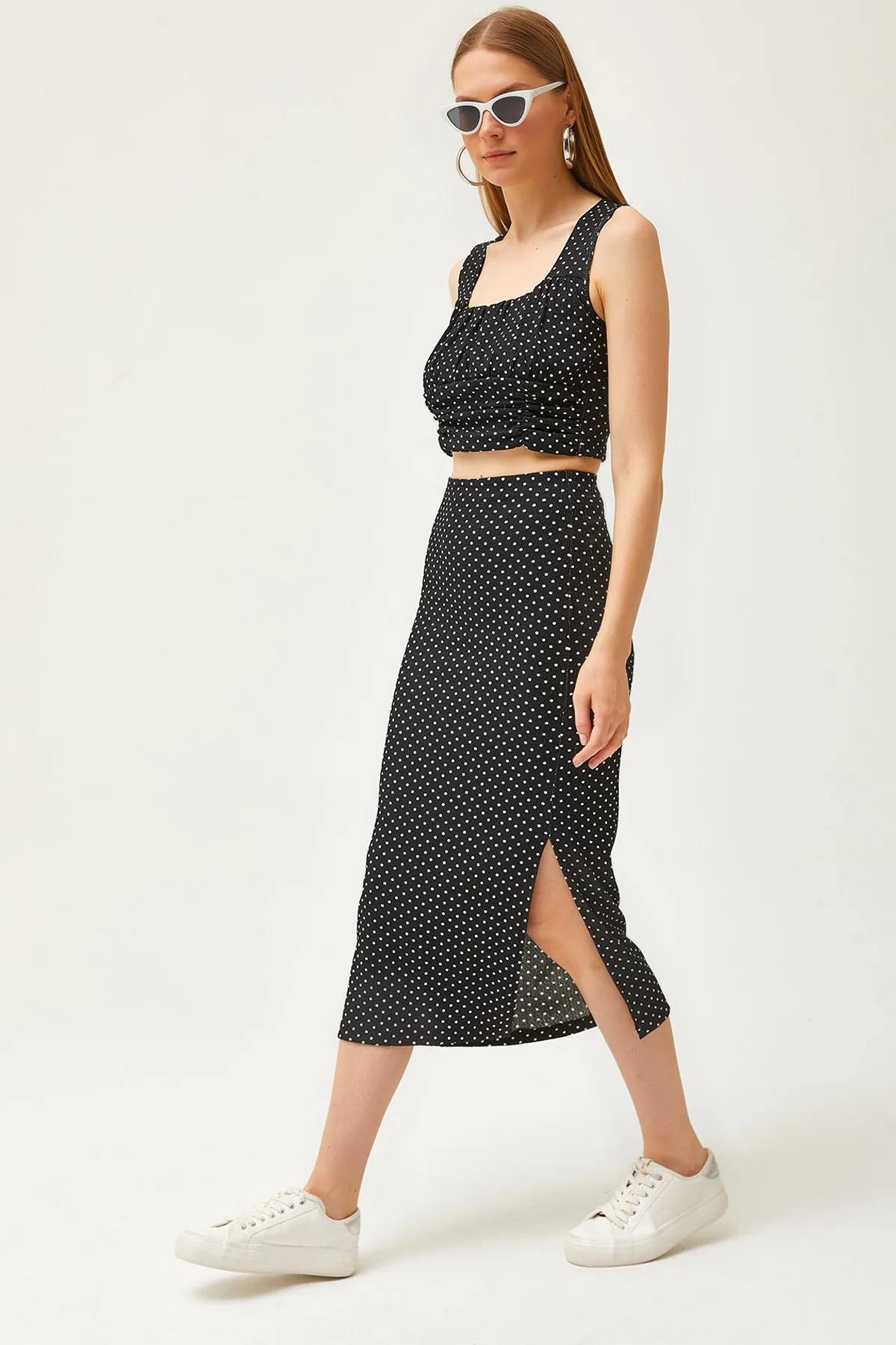 Olalook  Damen Schwarz Polka Dot Top Bluse Unterteil Rock Gestrickt Unterteil Top Set TKM-19000281