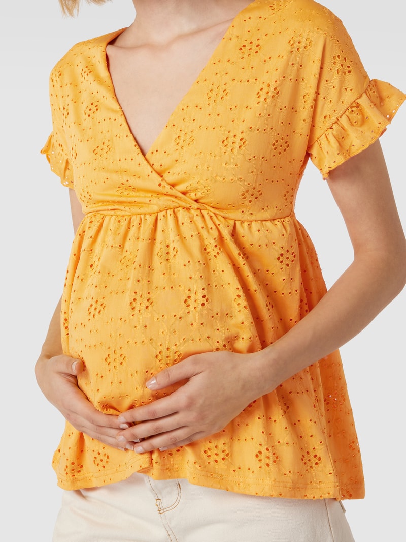 Umstands-Bluse mit floralen Lochstickereien in senfgelb