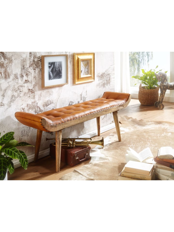 KADIMA DESIGN Sitzbank Echtleder | 125x50x38cm, Massivholz Braun, Chesterfield günstig kaufen onesize