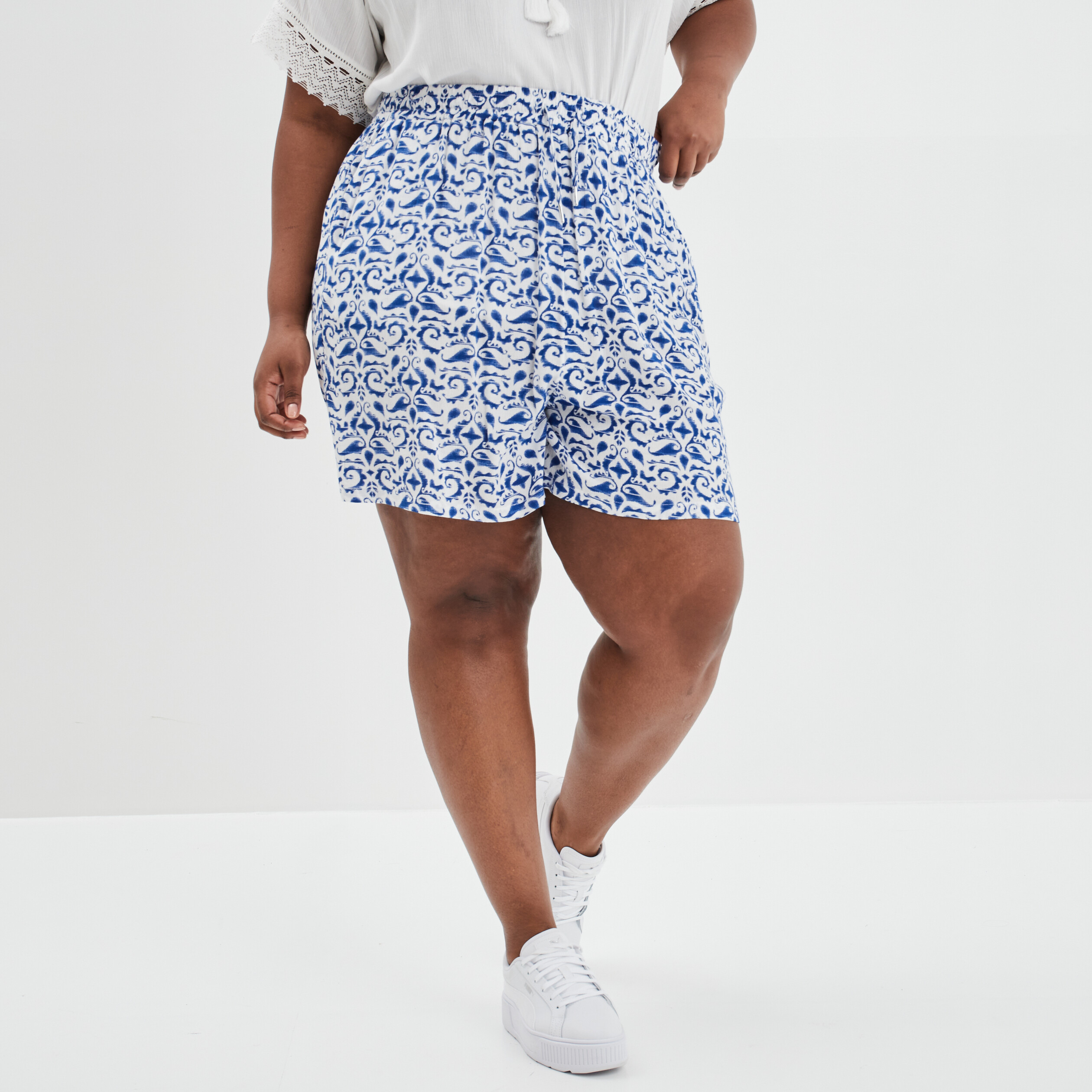 Short large taille élastiquée ecru femme grande taille | La Halle