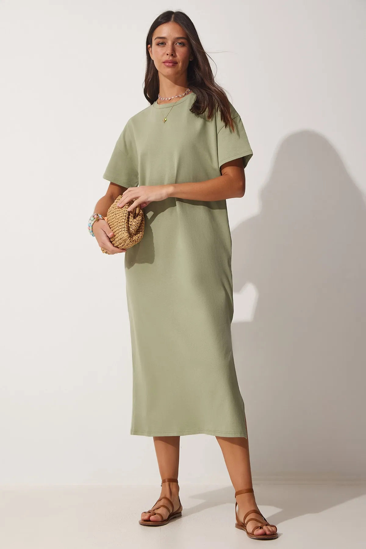 Happiness İstanbul  Damen-Khaki-Baumwoll-Sommerkleid aus gekämmter Baumwolle UB00080