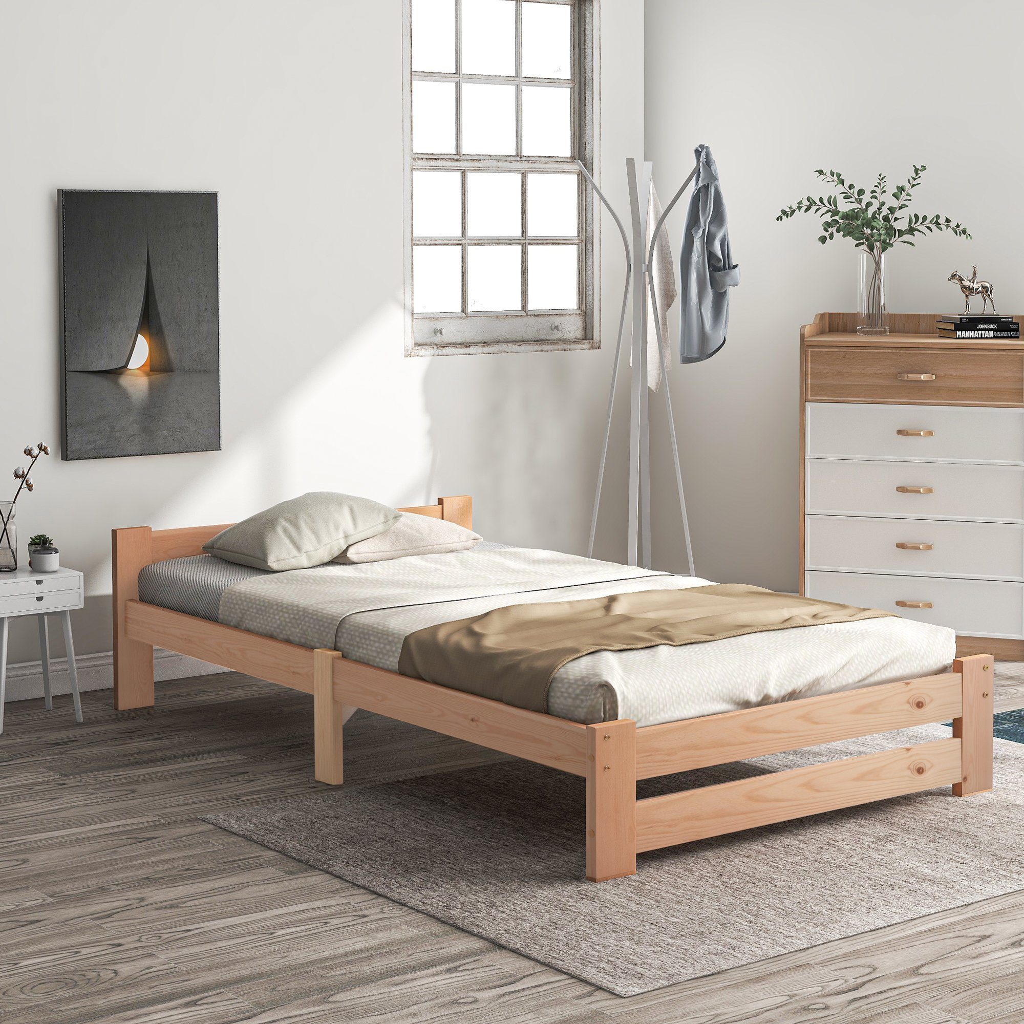 Merax Massivholzbett mit Kopfteil und Lattenrost, Futonbett, Einzelbett 90x200 cm