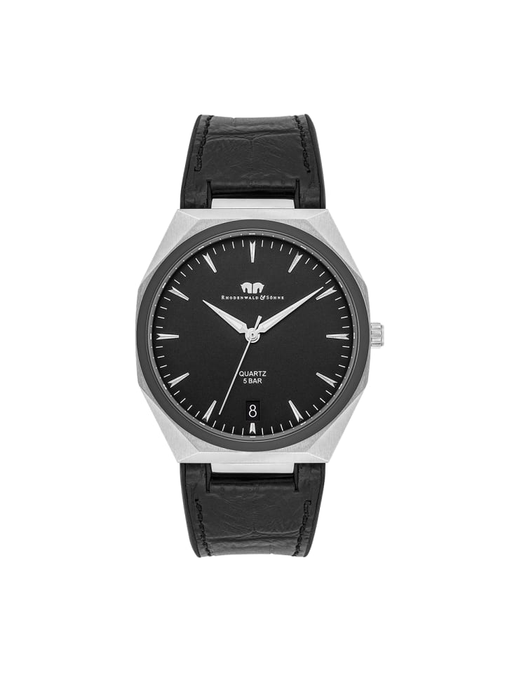 Rhodenwald & Söhne Herren Quarzuhr silber Echtleder/Silikon schwarz in schwarz günstig kaufen 21,5 cm