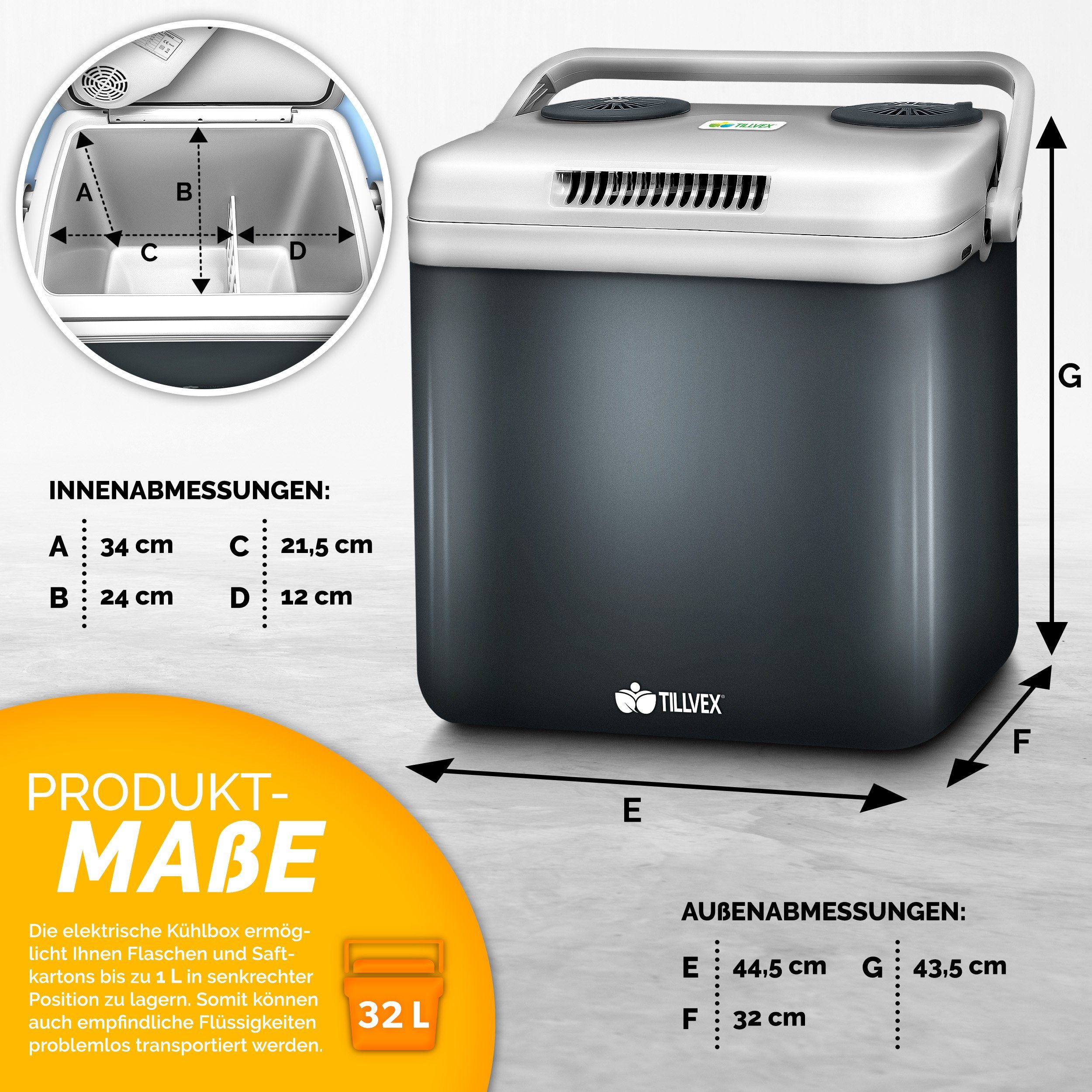 tillvex Kühlbox Kühlbox elektrisch 32L Mini-Kühlschrank, 230 V und 12 V für KFZ Auto Camping