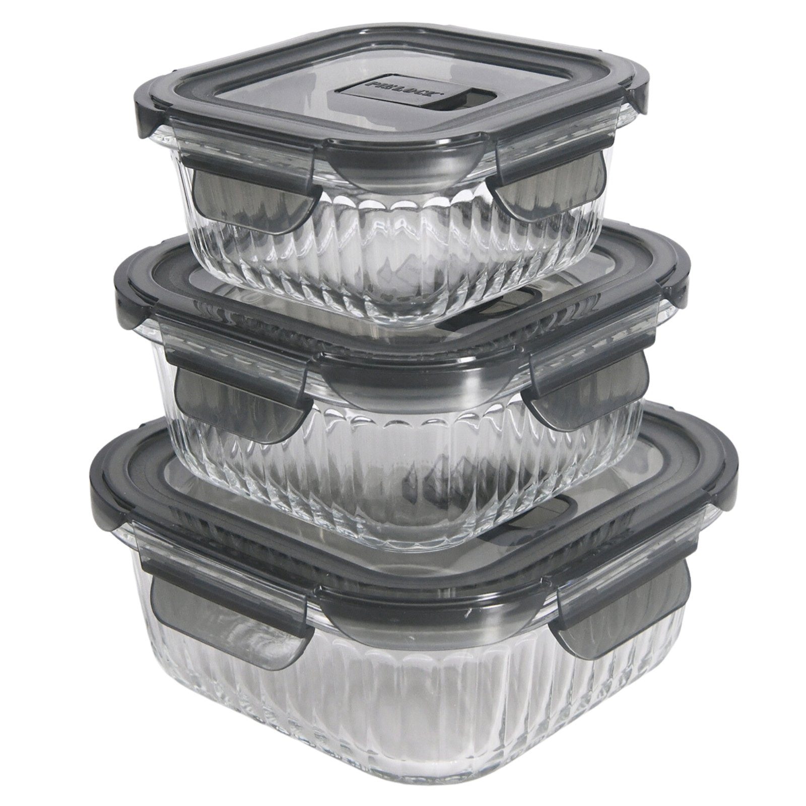 PIE LOCK Vorratsdose Vorratsdosen Glas mit Deckel - Frischhaltedosenset, Borosilikatglas, (PIE LOCK, 3 tlg. quadratisch, Vorratsdosen-Set, Borosilikatglas, Mikrowellendeckel, 320ml, 520ml, 800ml, stapelbar, Frischhaltedose, Brotdose, Meal Prep, 6-tlg