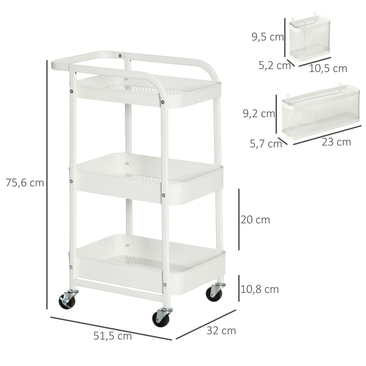 HOMCOM Rollwagen 3-Etagen Küchenwagen mit Schubladen und Korb für Küche Büro Aufbewahrungswagen Servierwagen Küchenregal mit Rollen Schlafzimmer Wohnzimmer Stahl Weiß 51,5 x 32 x 75,6 cm