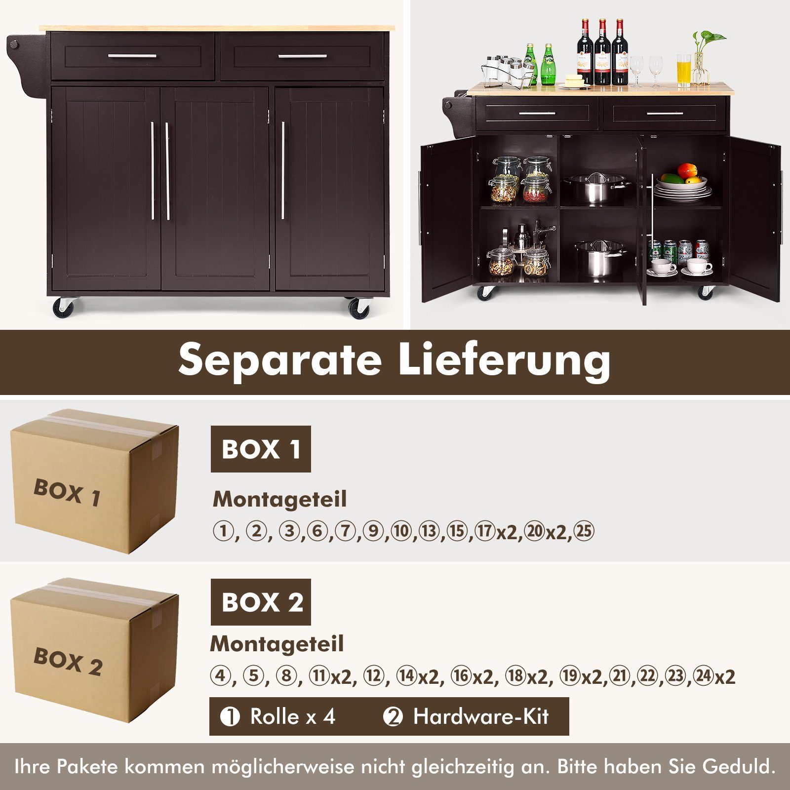 COSTWAY Küchenwagen, mit Arbeitsplatte, Schubladen & verstellbaren Regalen
