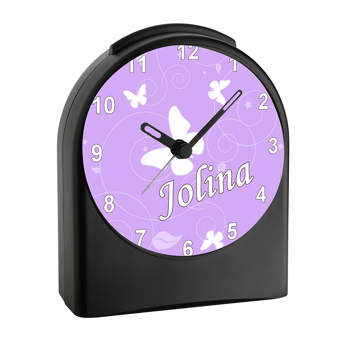 Kinder Funkwecker personalisiert mit Namen Schmetterling Ornamente Atom-/Funkuhr, 12-Stunden-Anzeigeformat, Schlummerfunktion, Nachtlicht, Geräuschlos/Ohne Ticken