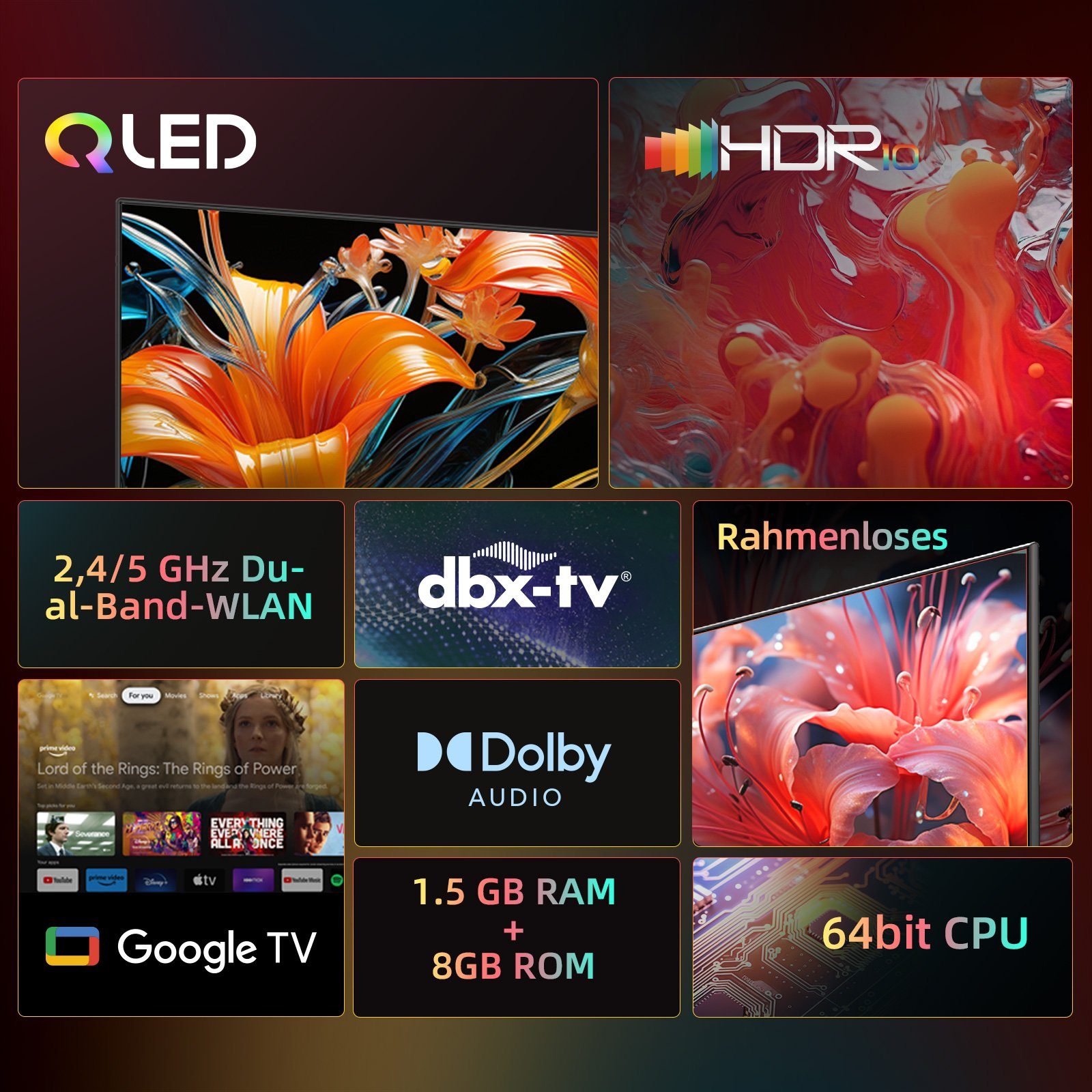 CHiQ L40QH7G QLED-Fernseher (100,00 cm/40 Zoll, Full HD, Smart-TV, Google TV, Google Assistant,Netflix,Chrome cast)