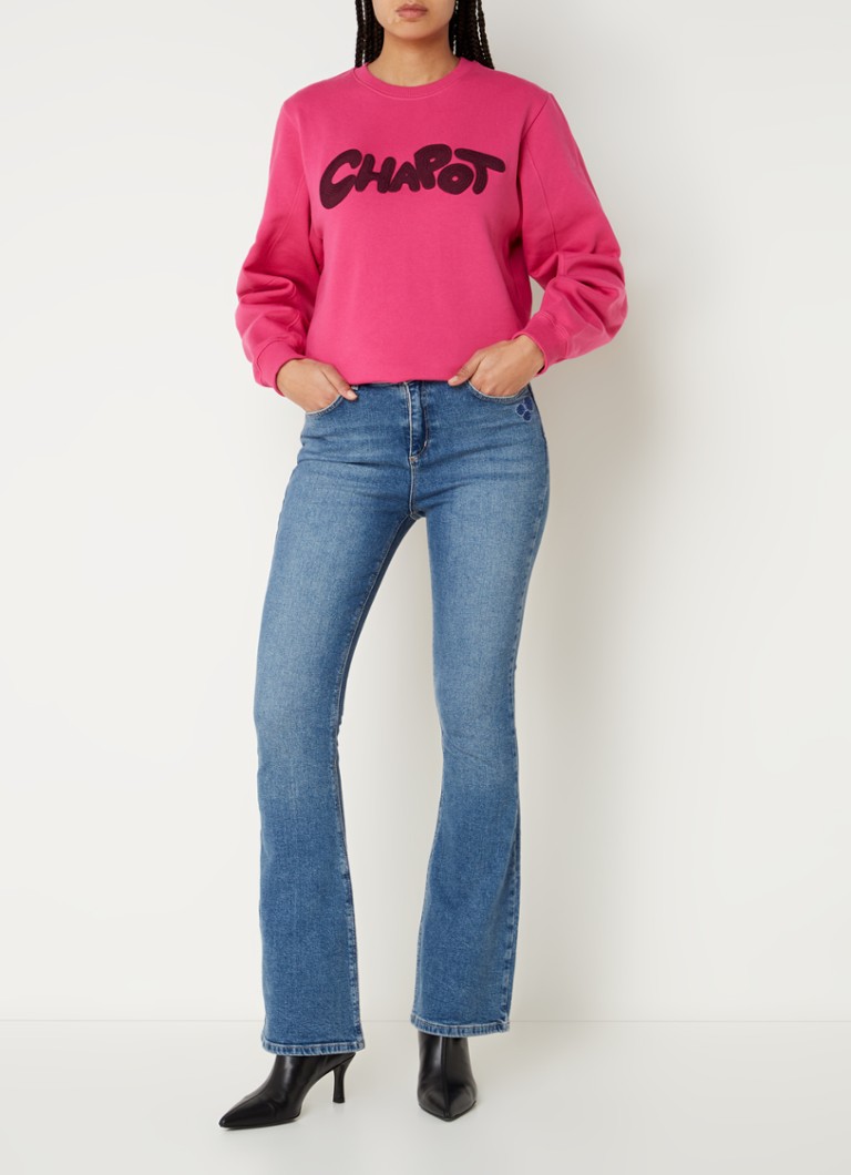 Jeans a zampa d'elefante a vita alta di Fabienne Chapot, modello Eva Flare, lunghezza a metà polpaccio.