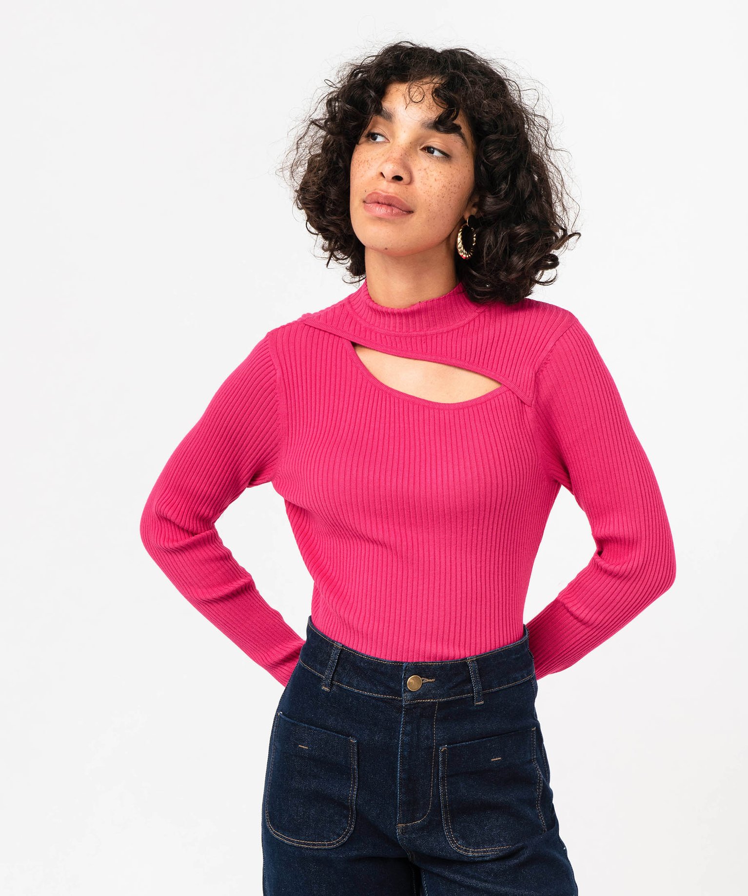 Pull ctelé à col montant avec ouverture buste femme rose | GEMO