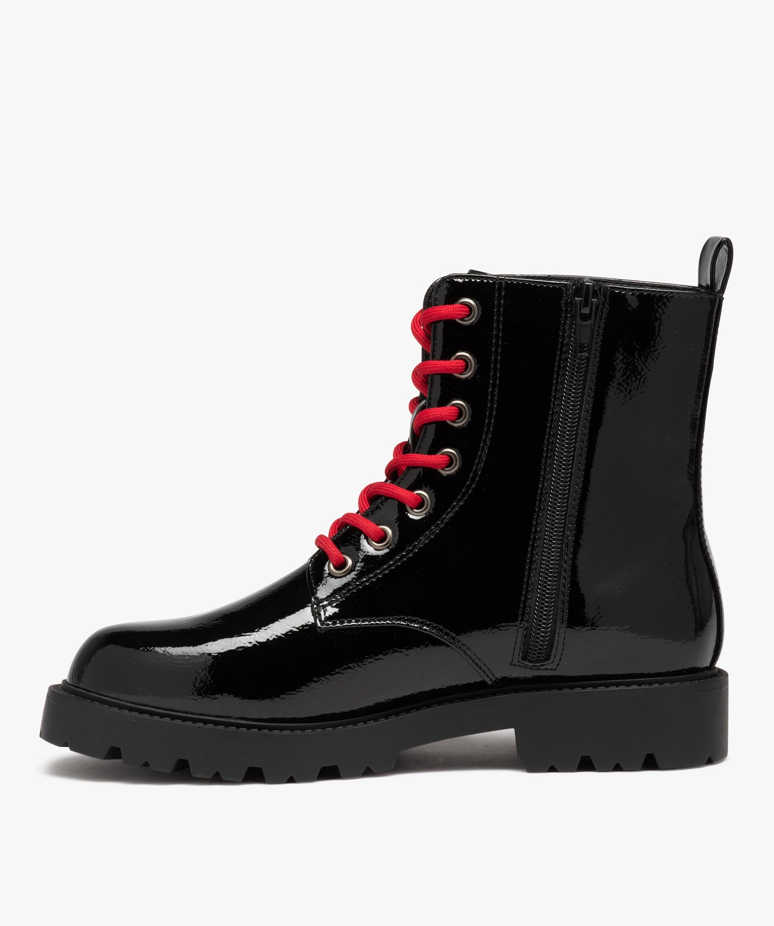 Boots femme mid-cut dessus uni verni à lacets colorés noir | GEMO