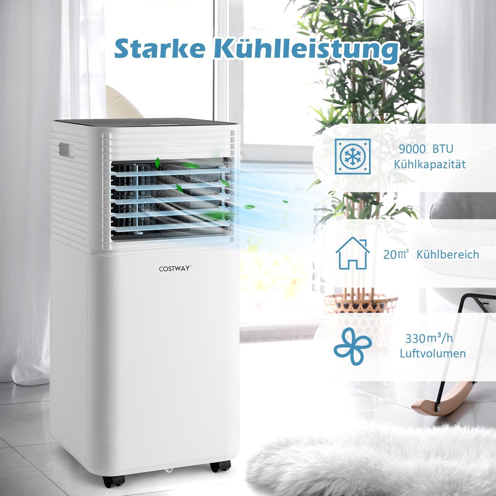 COSTWAY 3-in-1-Klimagerät, 9000BTU/2,6kW, für 52m³, Fernbedienung, 16℃-32℃