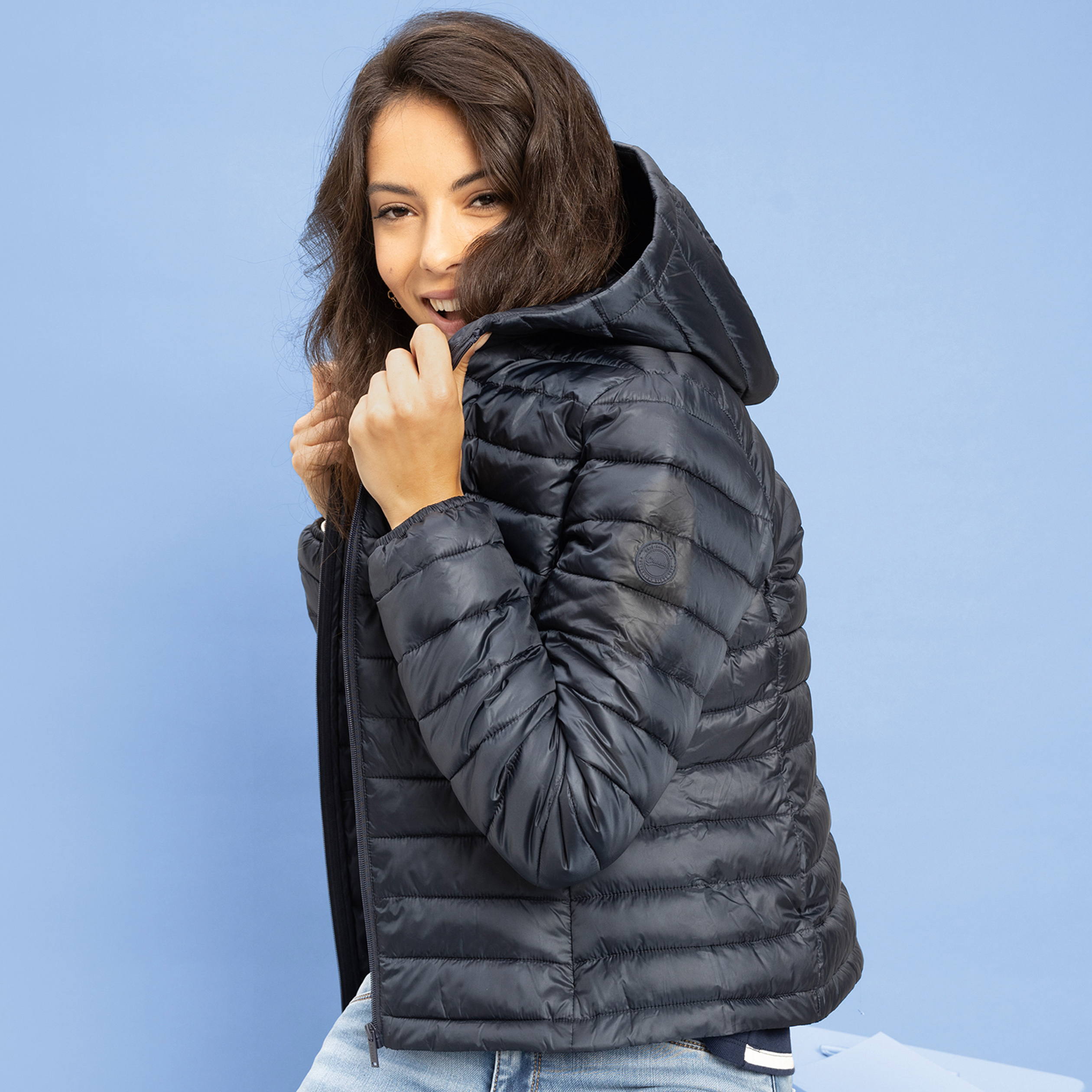 Doudoune légère droite à capuche bleu marine femme | La Halle