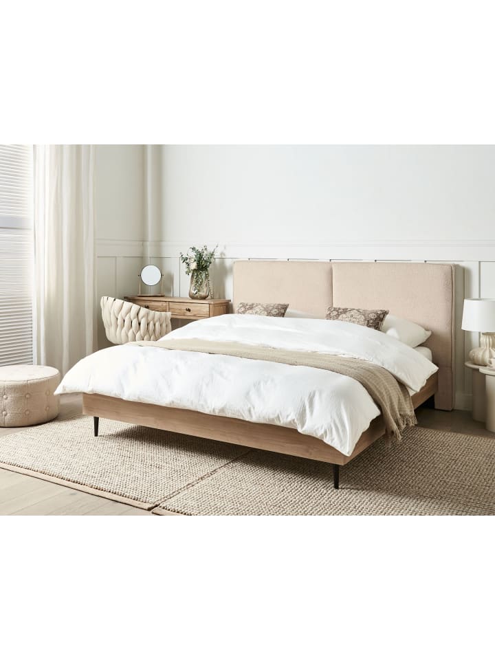 Beliani Doppelbett IZERNORE in Beige/Heller Holzfarbton/Schwarz günstig kaufen onesize