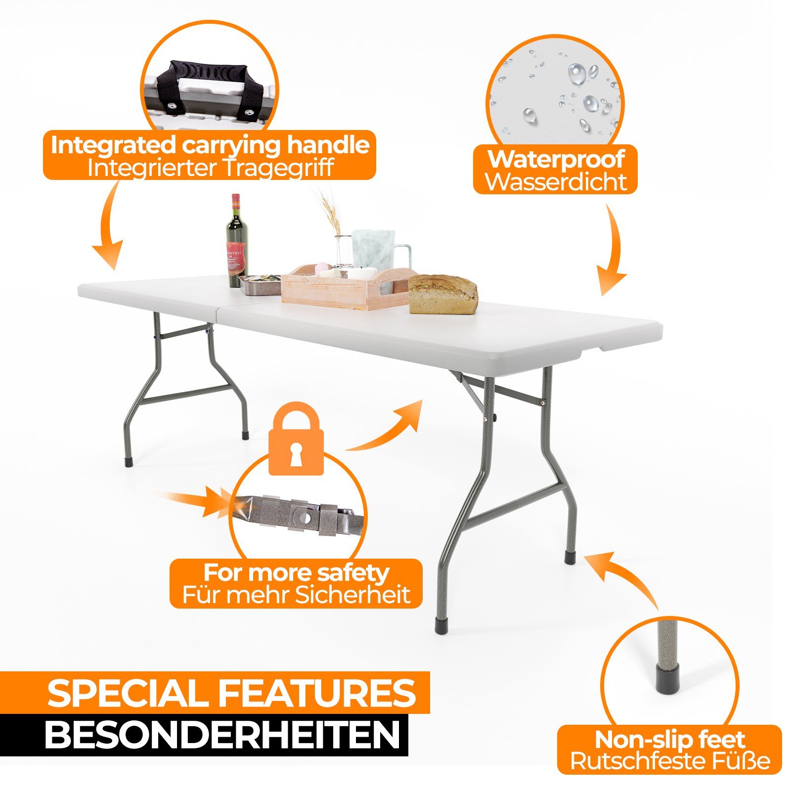 Jago Klapptisch Klapptisch - 183cm lang, für 8 Personen, Klappbar, Tragbar, bis 150kg