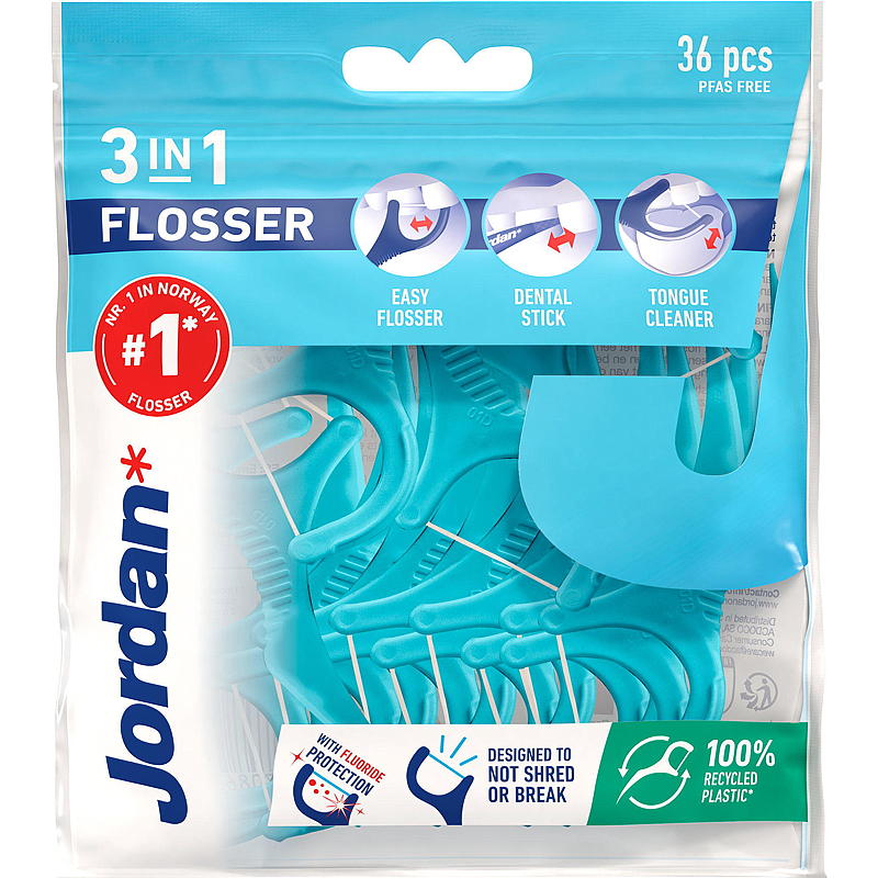 Jordan Tanntråd 3 in 1 flosser m/fluor Jordan