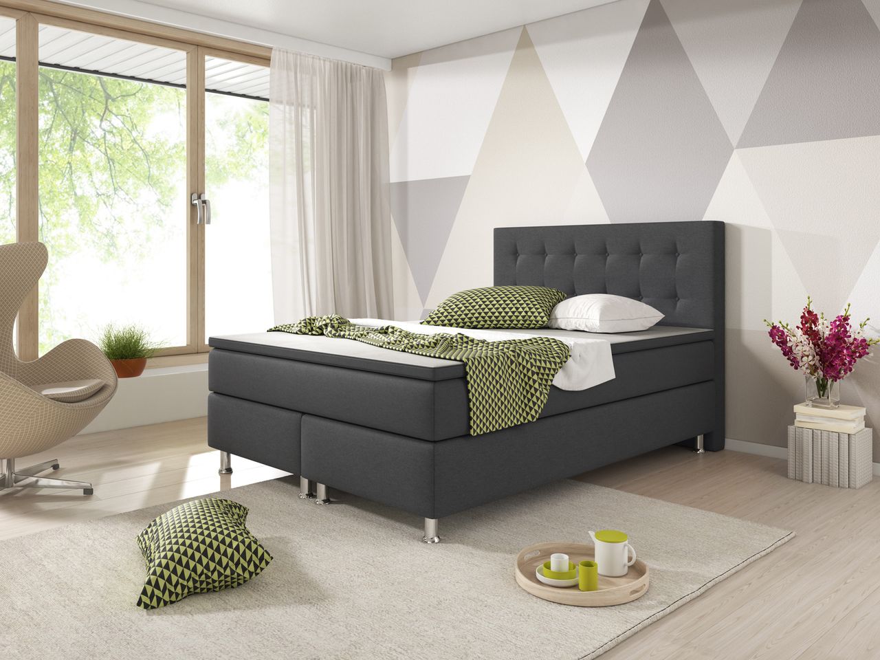 IHG Boxspringbett Köln 140x200 Webstoff Anthrazit