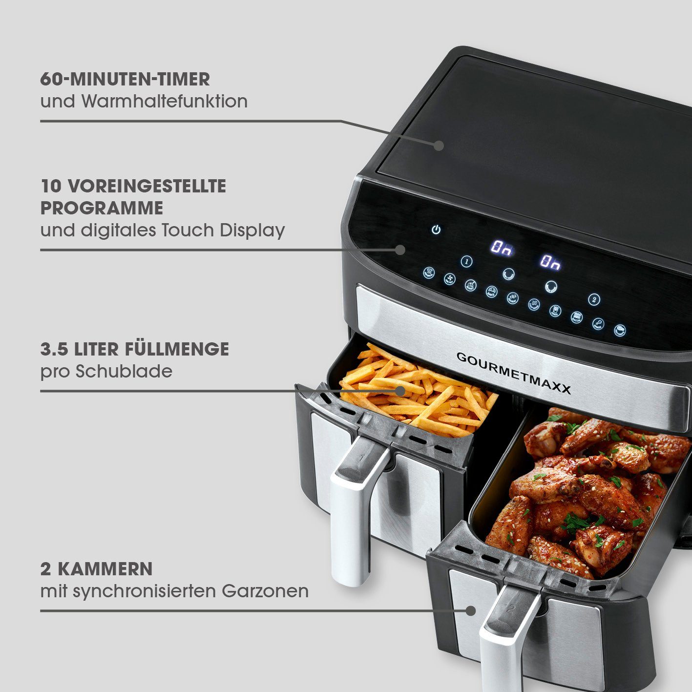 GOURMETmaxx Heißluftfritteuse Doppelkammer 7L, 2400,00 W, 2 x 3,5L Doppelkorb
