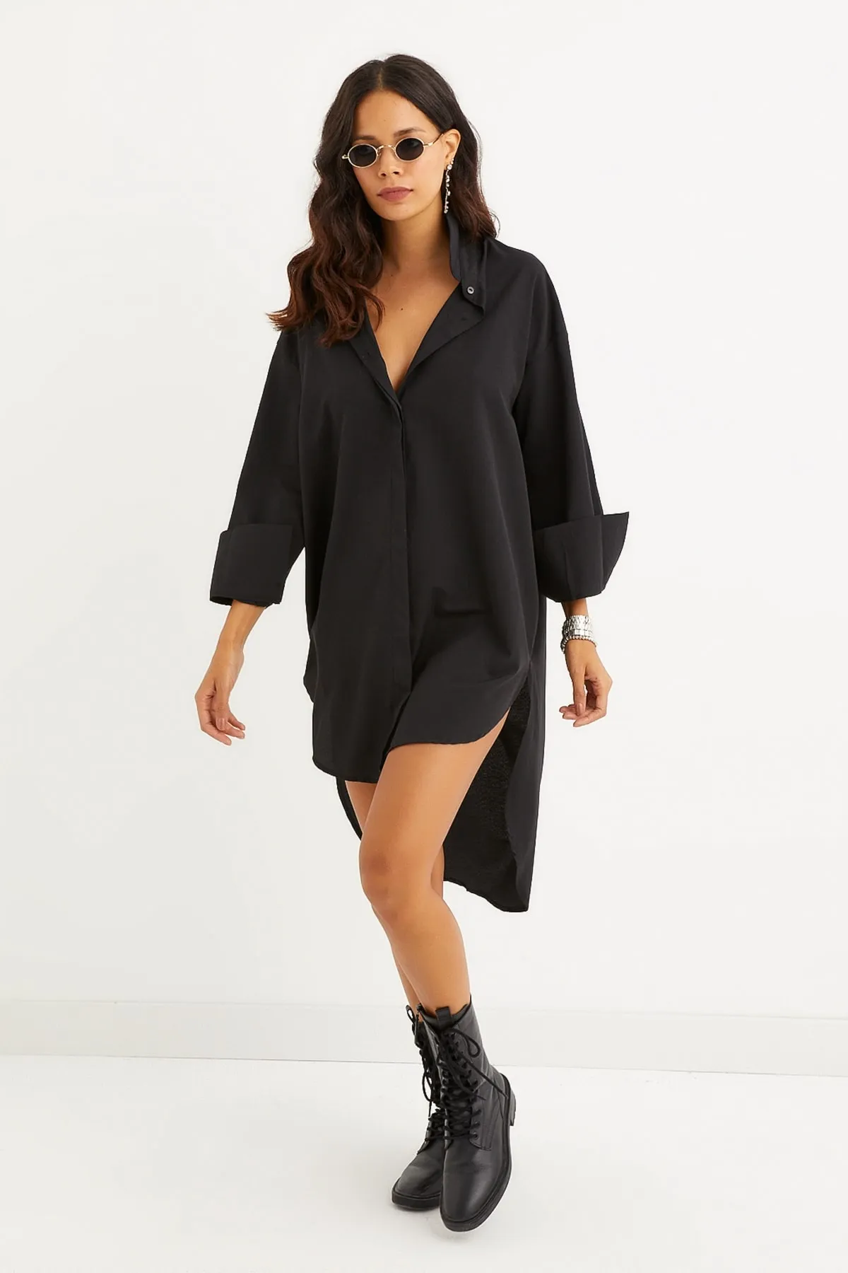 Cool & Sexy  Schwarzes Tunika-Hemdkleid mit versteckten Knöpfen für Damen SF1292