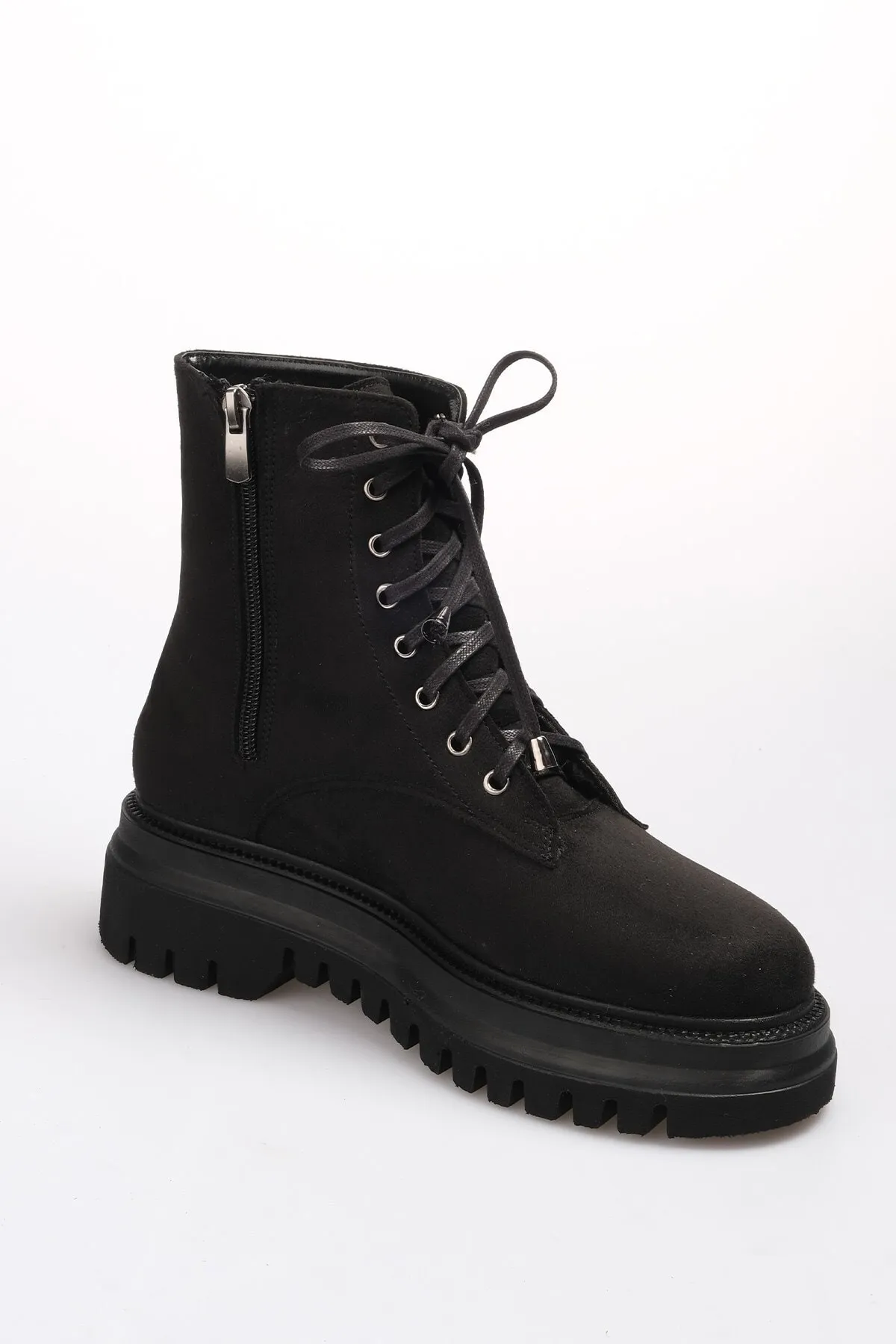 Mio Gusto  Alex Schwarze Wildleder-Damenstiefel zum Schnüren und Reißverschluss mit dicken Sohlen