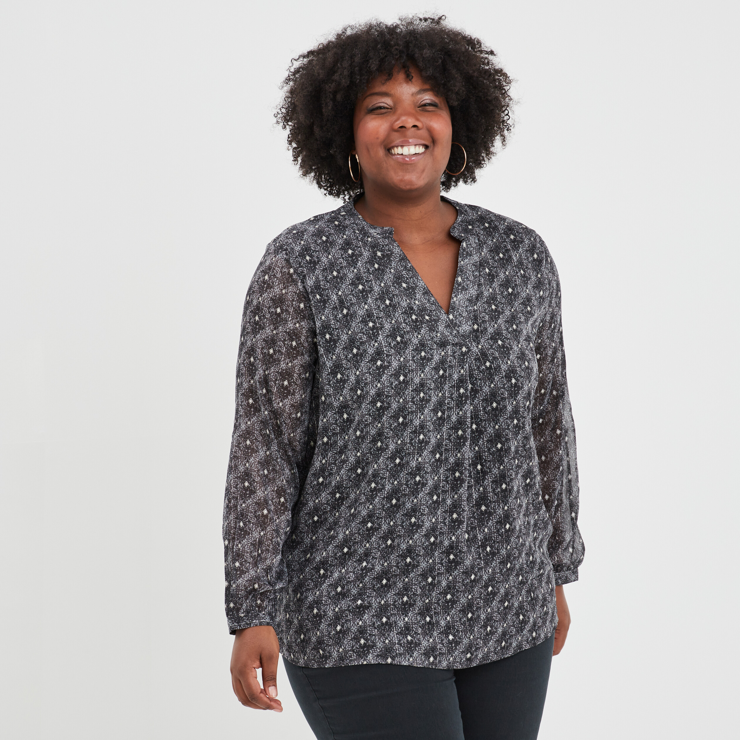 Blouse fils métallisés manches longues noir femme grande taille | La Halle