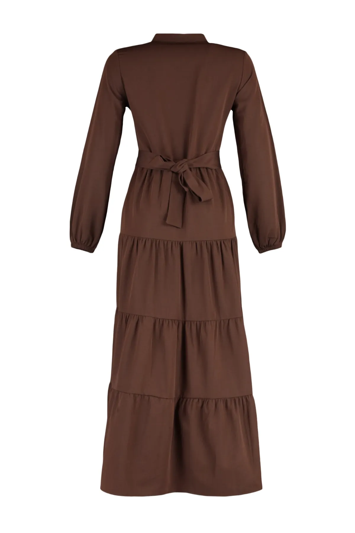 Trendyol Modest  Dunkelbraunes gewebtes Kleid mit Gürtel und Chefkragen sowie Knopfleiste TCTSS21EL3343