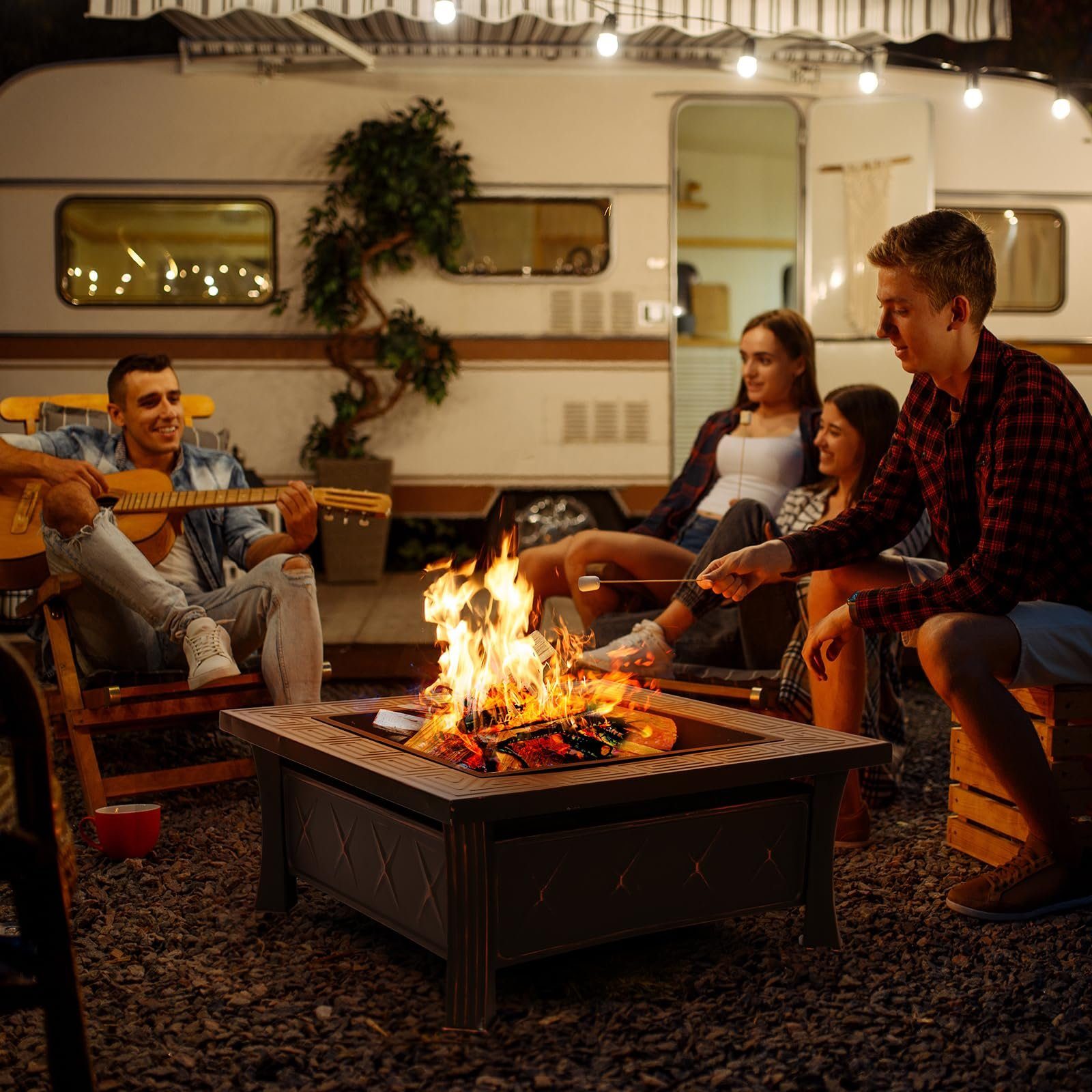 TLGREEN Feuerschale, 81x81 cm Feuerkorb mit Grillrost, Heizung & Grillen