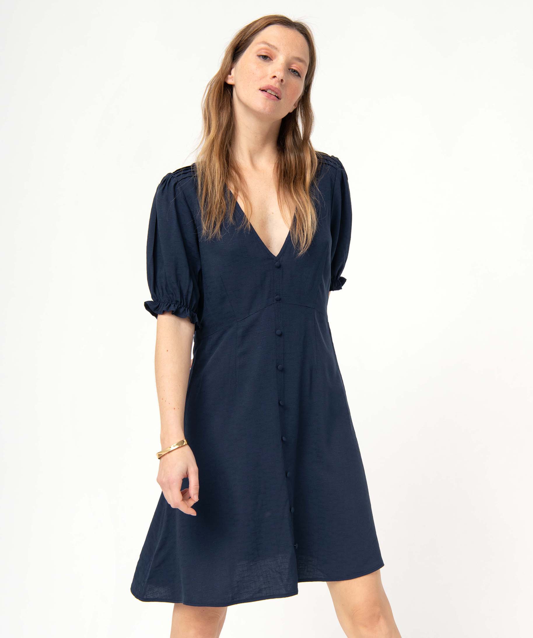Robe femme à manches courtes avec boutons fantaisie bleu | GEMO