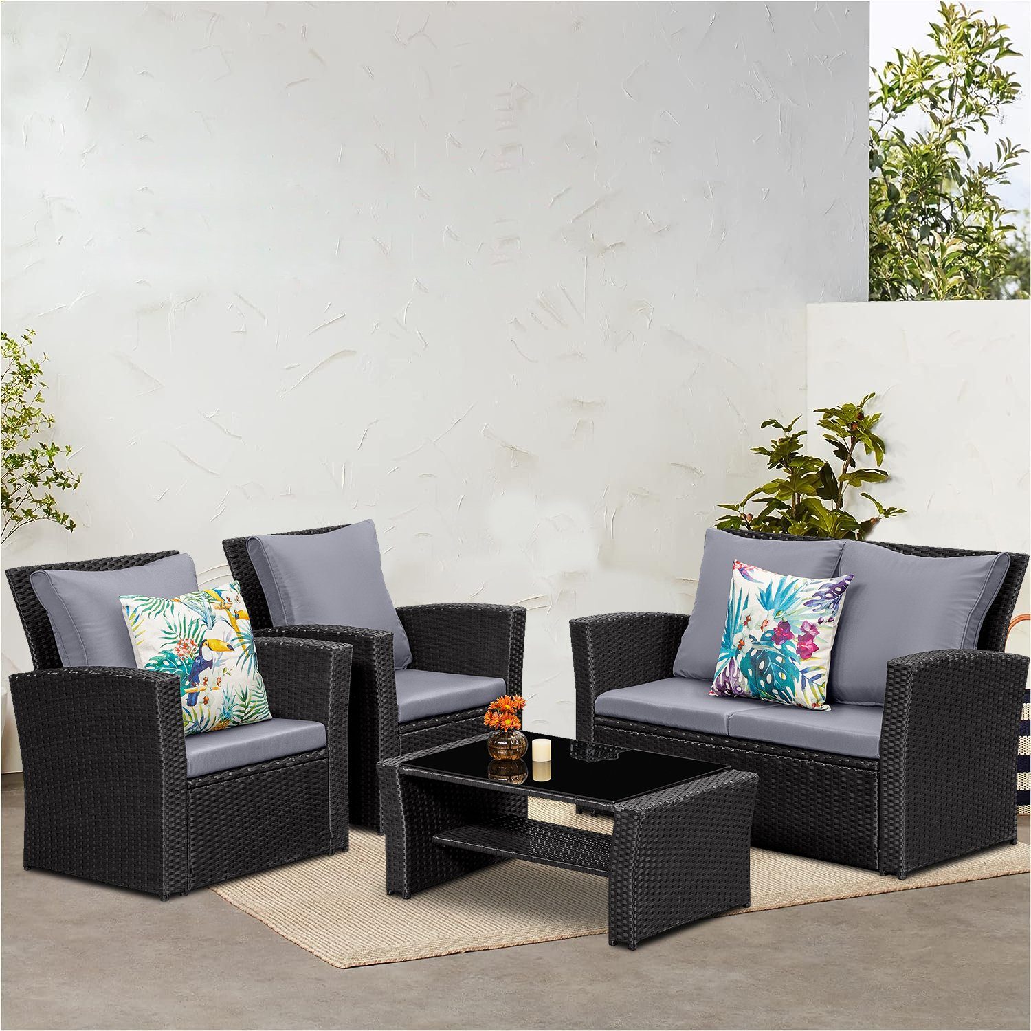 MeXo Gartenlounge-Set, (Sofa Lounge Garnitur Sitzgarnitur, 4-tlg., 2er Sofa, 2 Sessel, Tisch), Loungeset aus Handgeflochtenes Polyrattan
