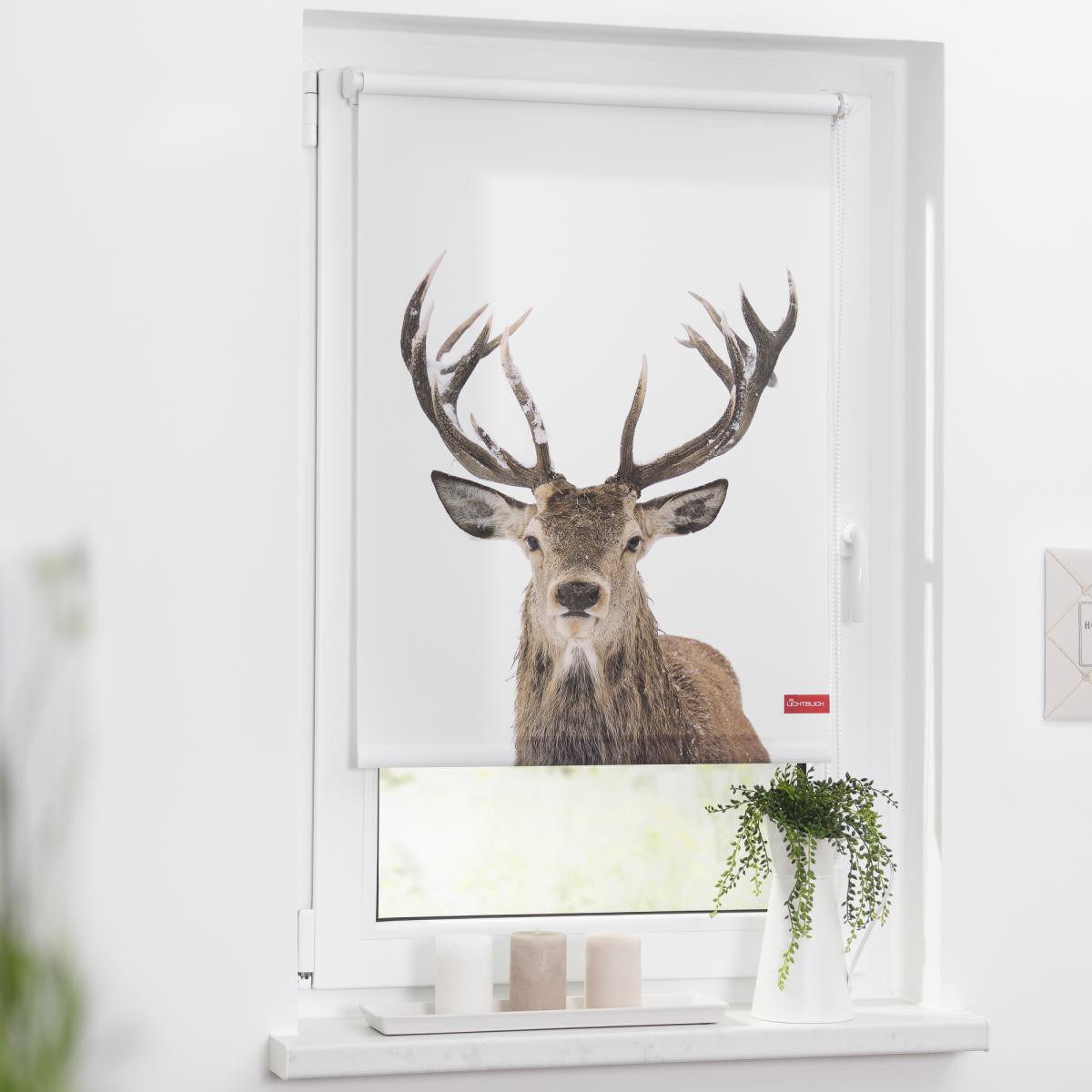 Lichtblick Rollo Klemmfix, ohne Bohren, blickdicht, Hirsch - Weiß Braun, 90 x 150 cm (B x L)