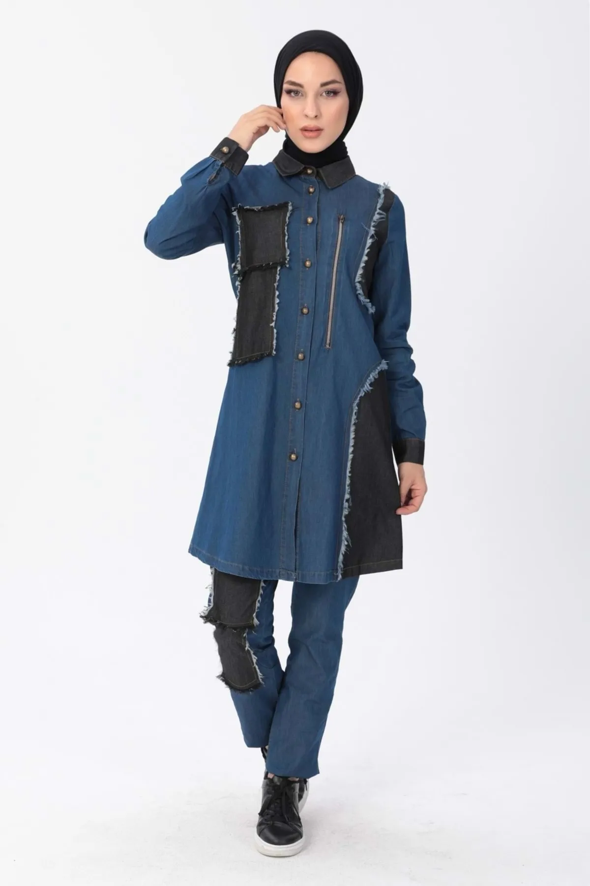 Modamihram  Reißverschluss Detaillierte Hijab-Denim-Kombination Dark Denim 10074