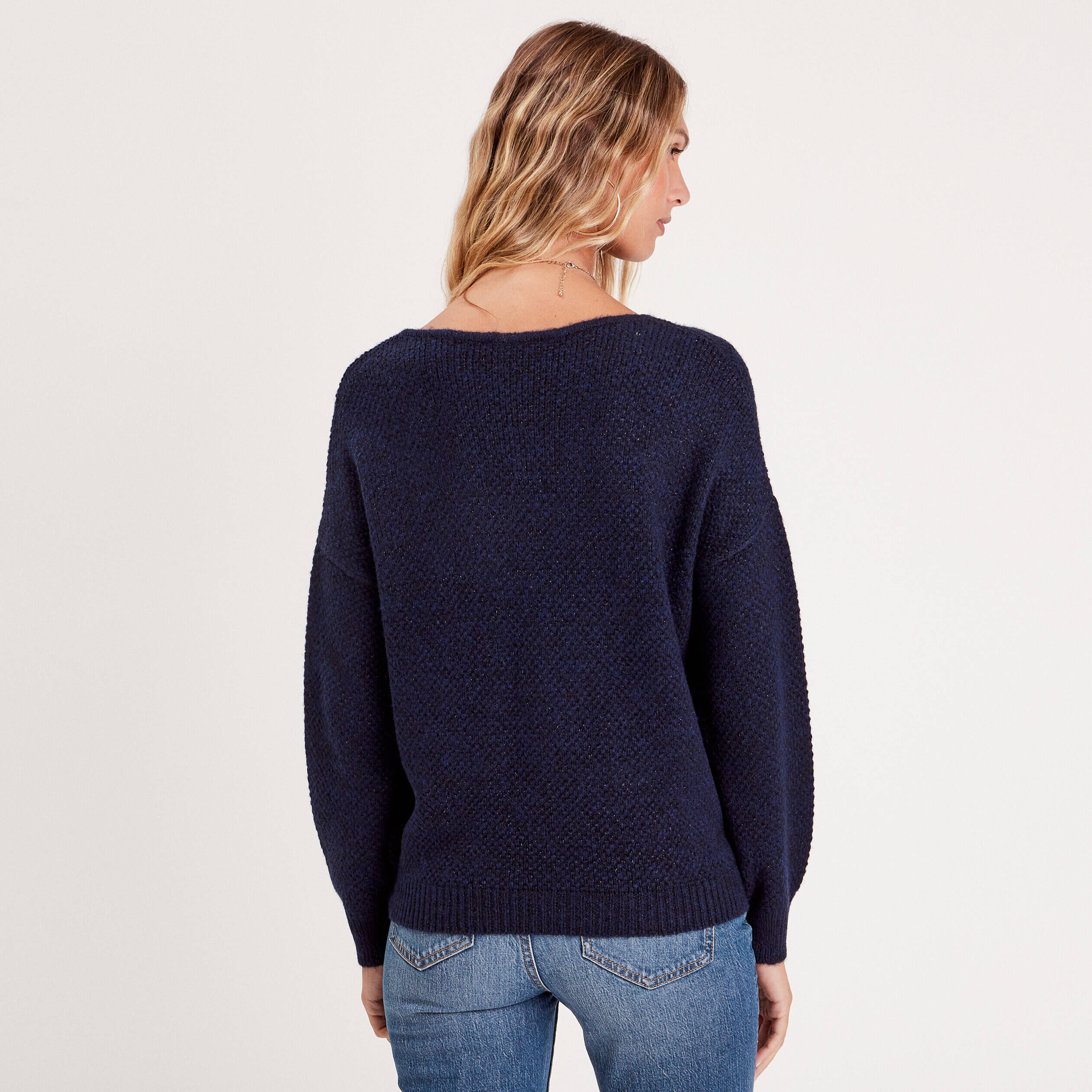 Pull manches longues col en V bleu marine femme | Cache Cache