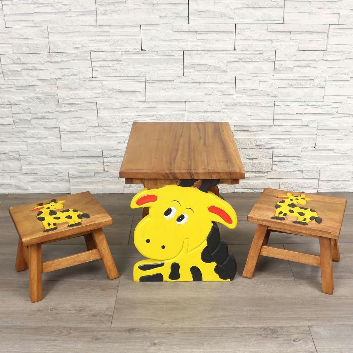 Oriental Galerie Kindersitzgruppe Kindermöbel Set Eckiger Kindertisch mit 2 Hockern Giraffe, traditionelle Herstellung in Handarbeit im Ursprungsland