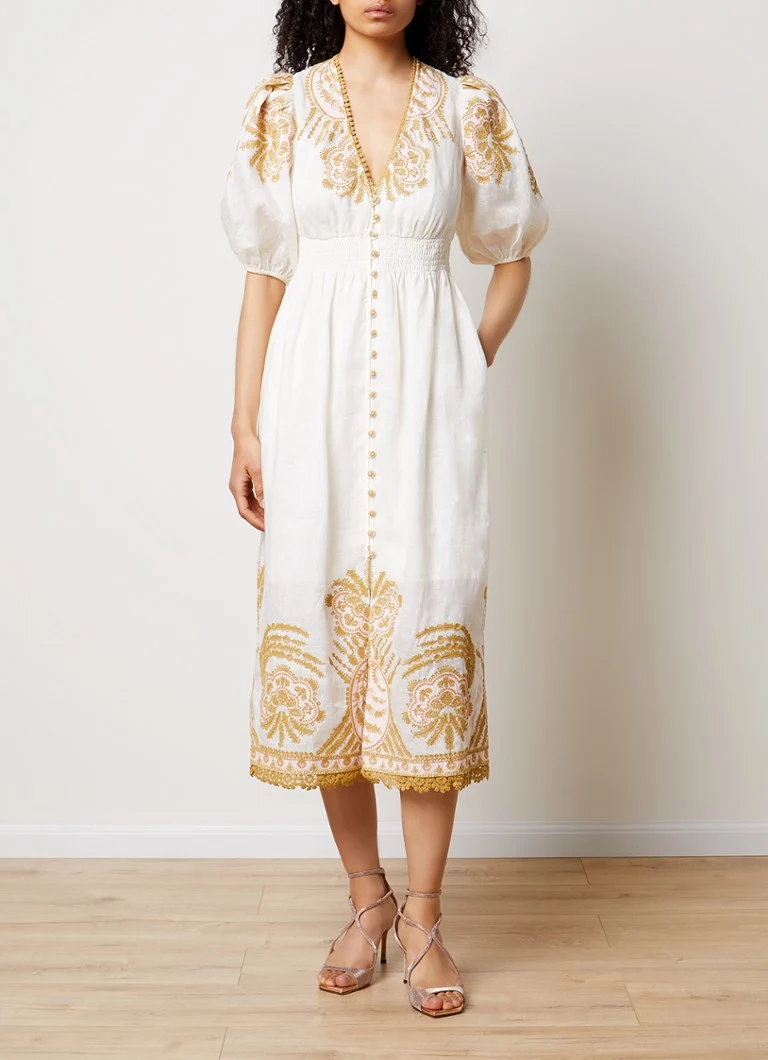 Zimmermann Waverly linen midi blouse dress with puff sleeves and side pockets